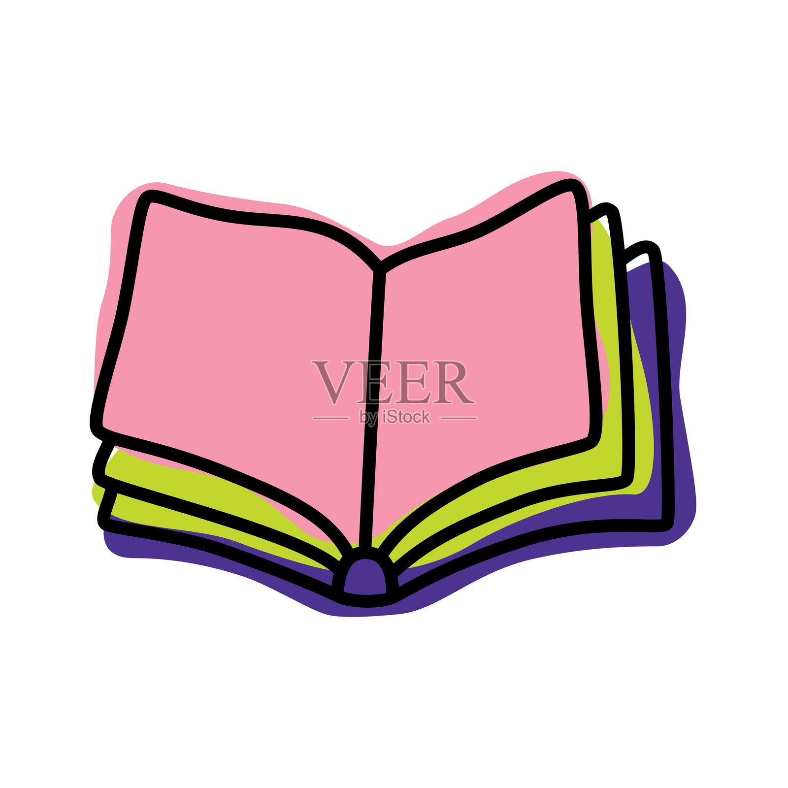 手绘的涂鸦风格打开的书本图标，线条细腻，配有彩色斑点插画图片素材