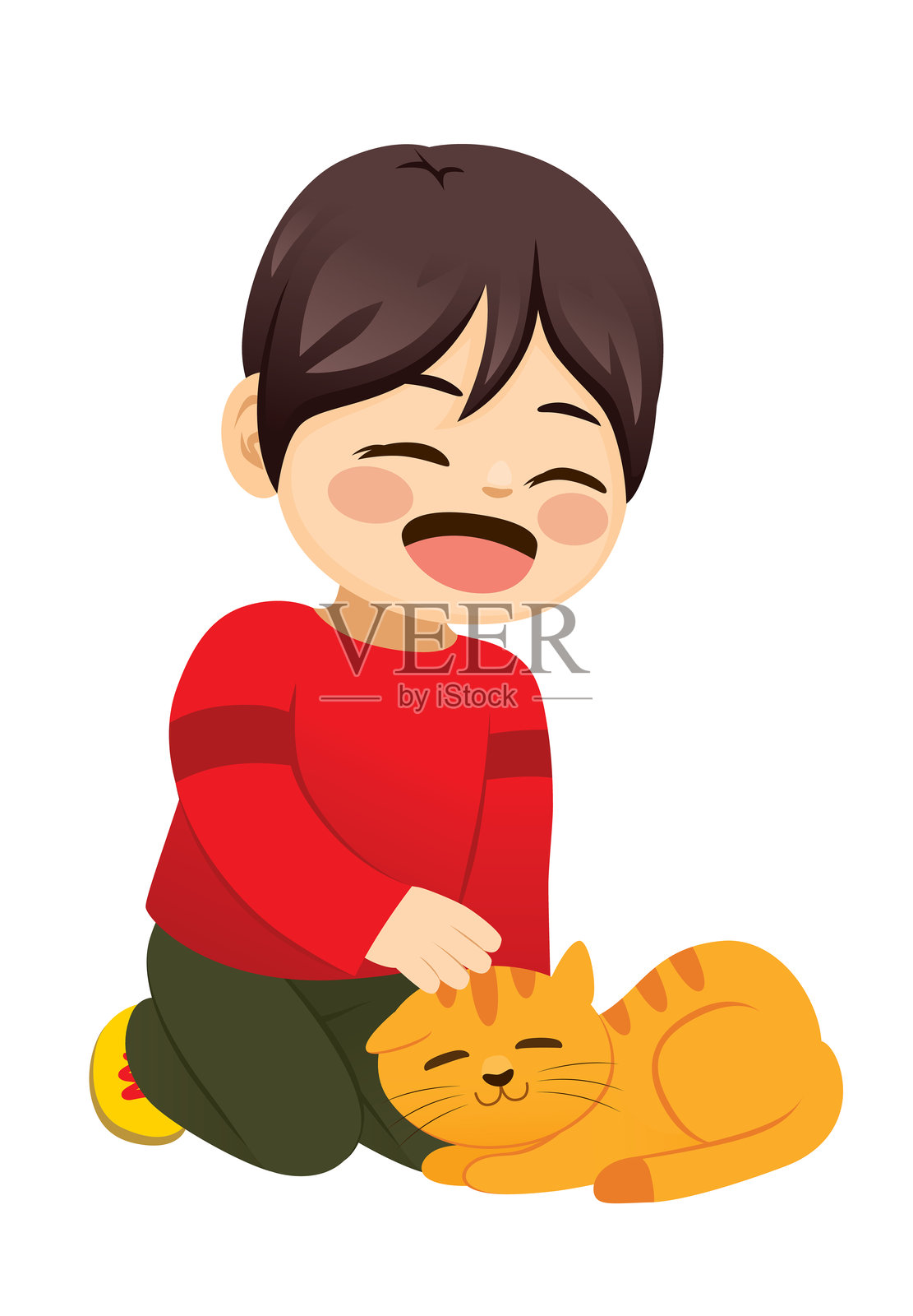 小男孩与宠物猫插画图片素材