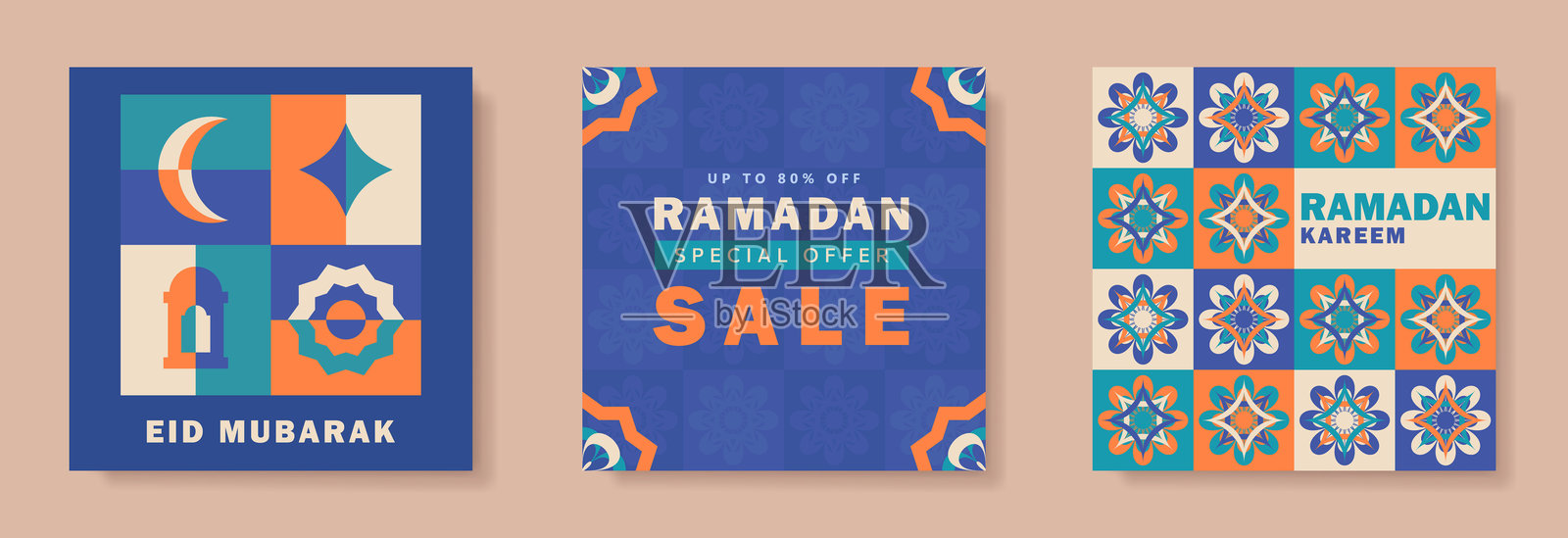 现代拉马丹贺卡和横幅，带有抽象几何伊斯兰图案插画图片素材