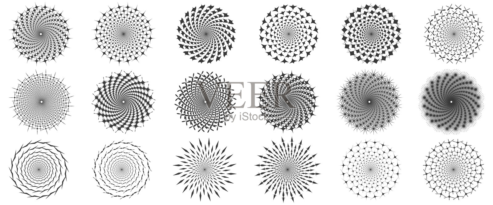 动态抽象螺旋钻石形状以放射性、催眠的图案排列的矢量图插画图片素材