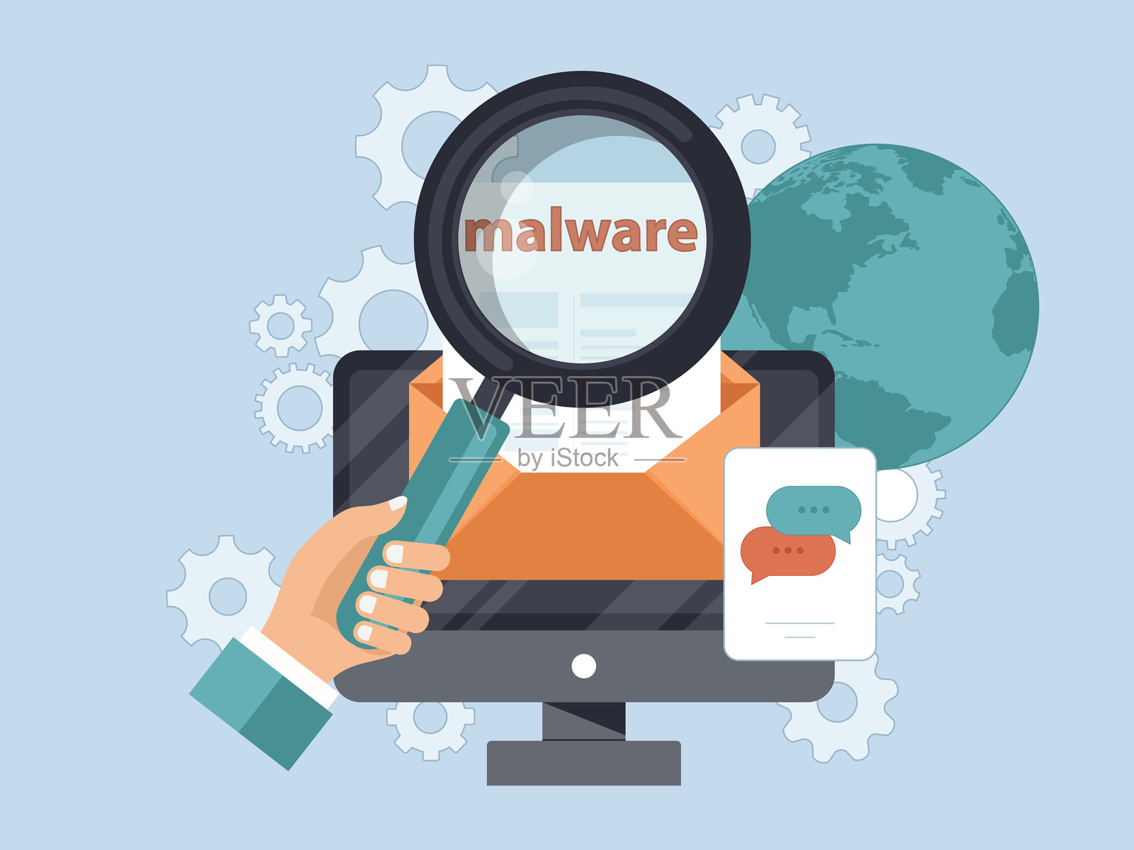 笔记本电脑中带有恶意软件的文档。病毒、盗版、黑客和安全的概念。电子邮件保护、反恶意软件软件的网站横幅。扁平矢量插图。插画图片素材