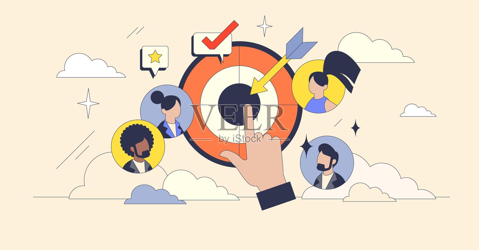 目标受众概念，周围有多样化头像的飞镖靶。关键...插画图片素材