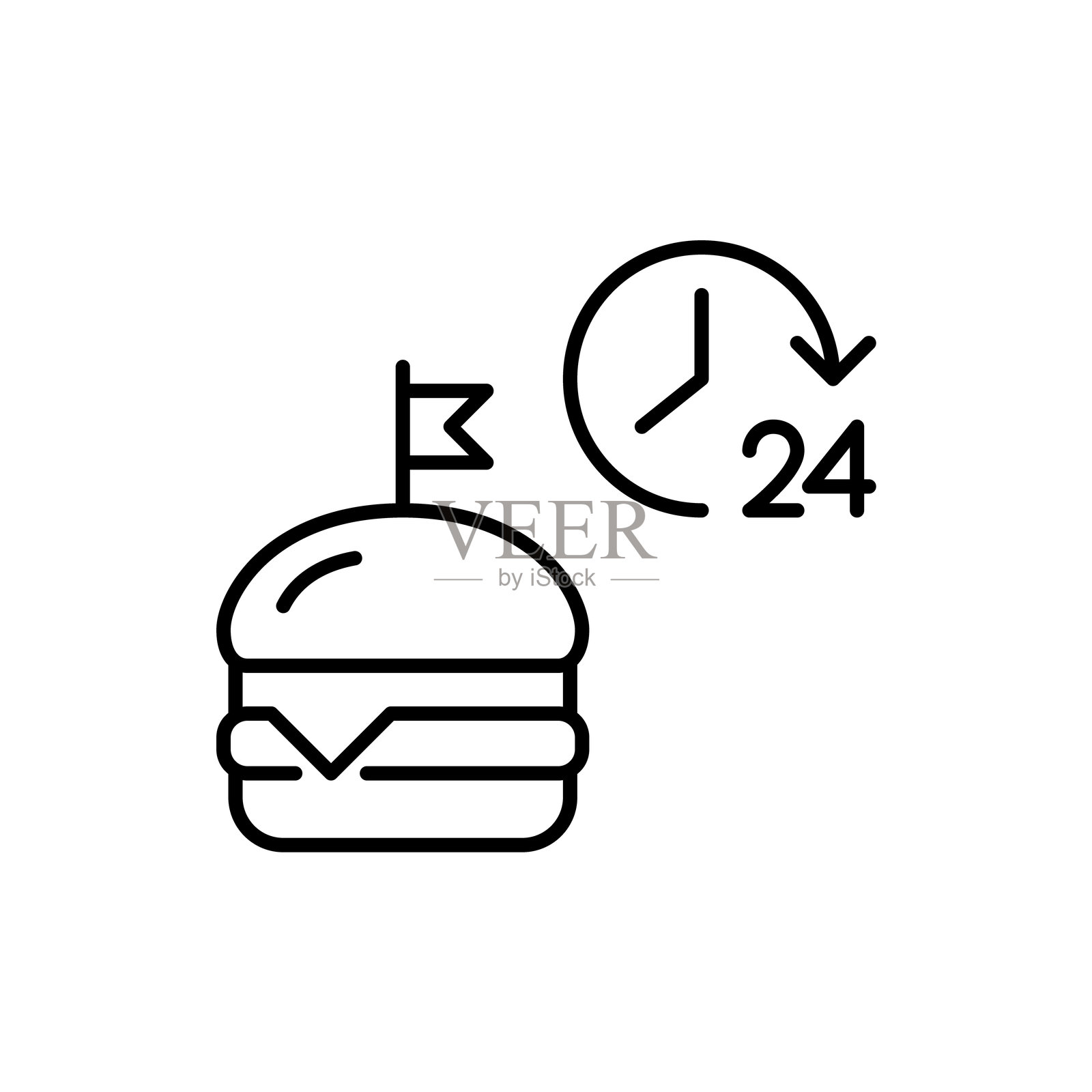 汉堡包和24小时符号。全天候食品配送。始终可用的快餐连锁店。像素完美的矢量图标。插画图片素材