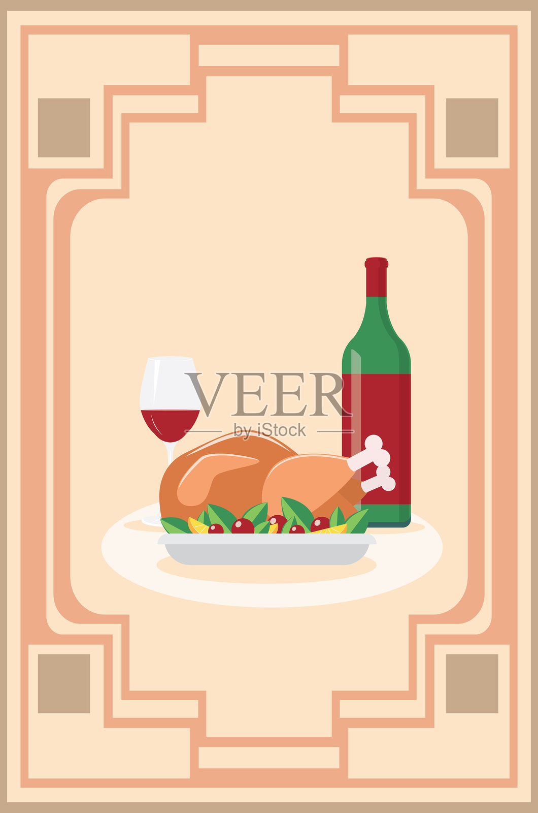 盘子上的烤火鸡和葡萄酒插画图片素材