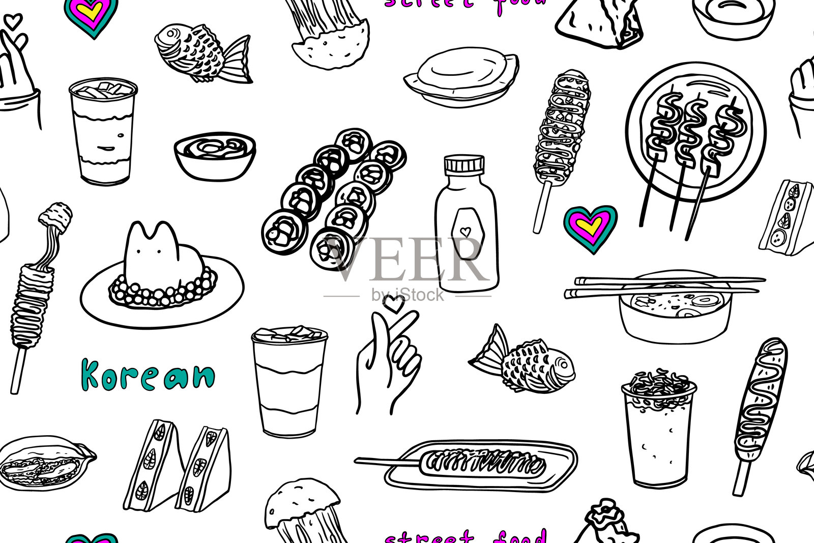 无缝图案的韩国街头美食涂鸦风格。韩国甜点。韩国料理。亚洲美食。插画图片素材
