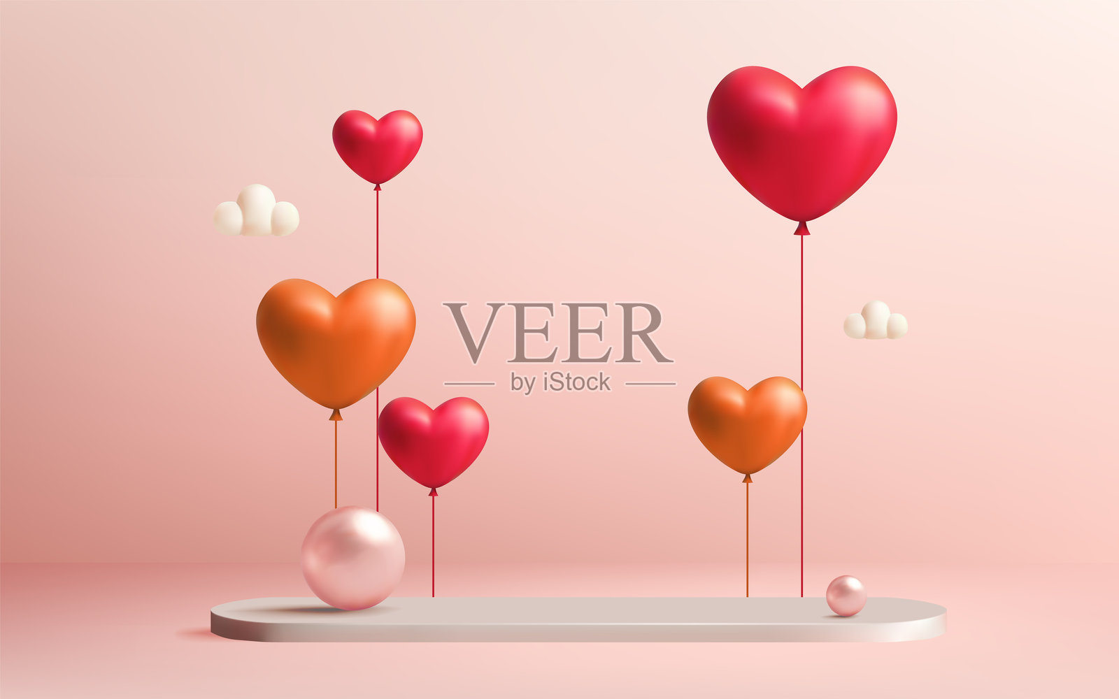 漂浮的心形气球与云朵，背景为简约米色，适合浪漫主题插画图片素材