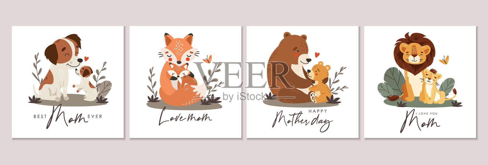 妈妈和宝宝动物的邀请函，母亲节贺卡，可爱的动物们插画图片素材