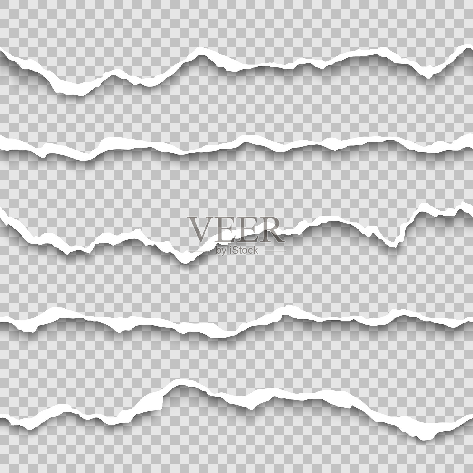 水平无缝撕裂纸边的矢量图集。撕裂的白色纸条和阴影。插画图片素材