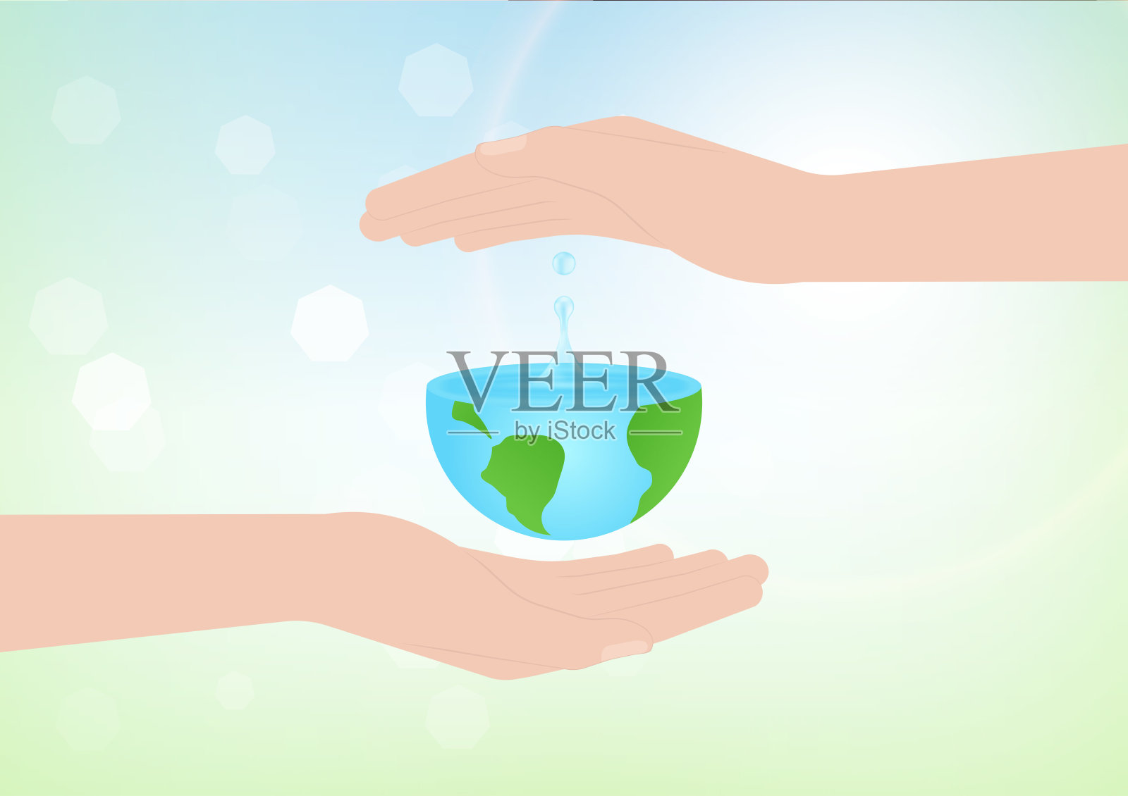 节水或拯救世界的概念。手握水滴与地球。世界水日和环境日。插画图片素材