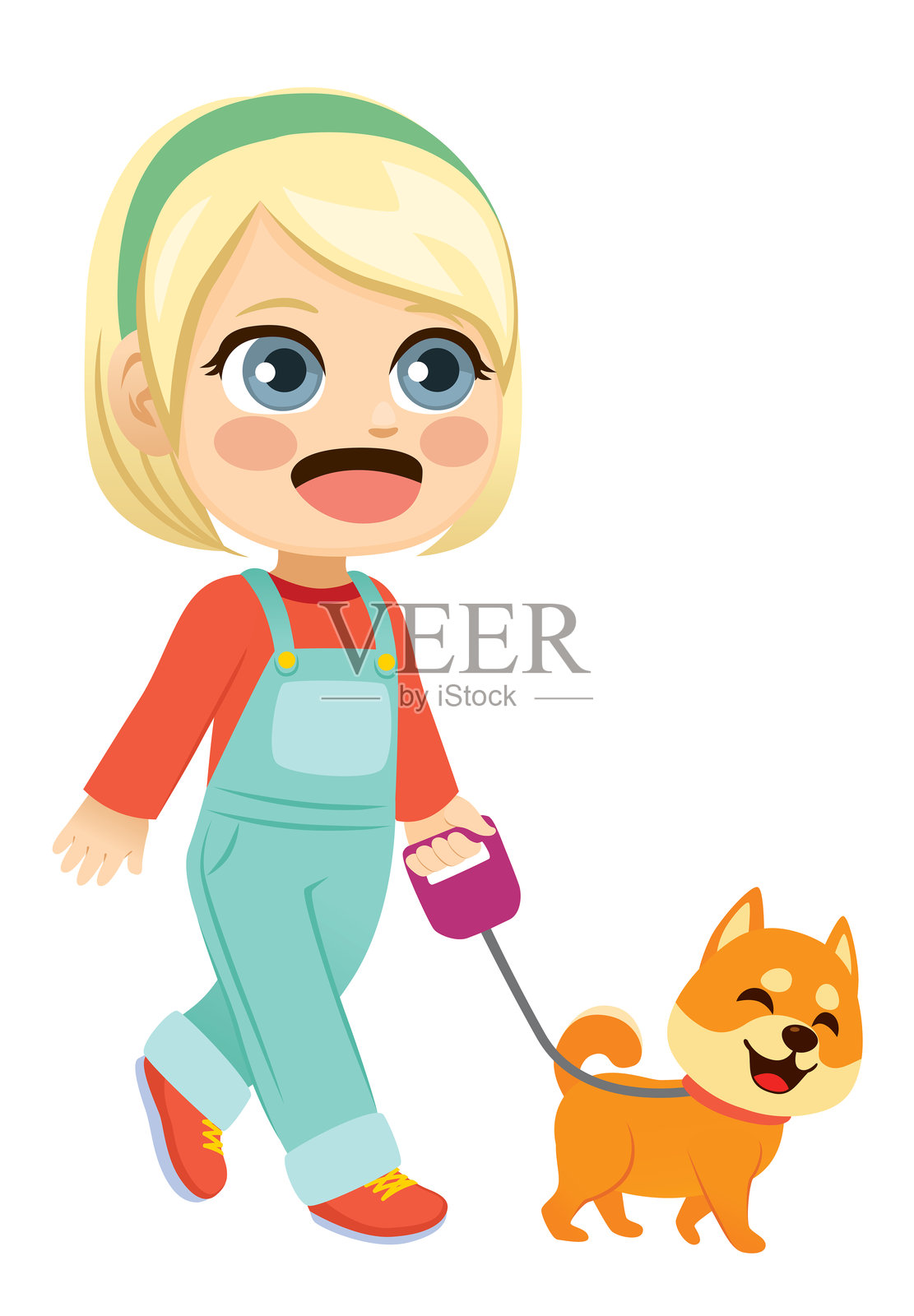 小女孩牵着宠物狗散步插画图片素材