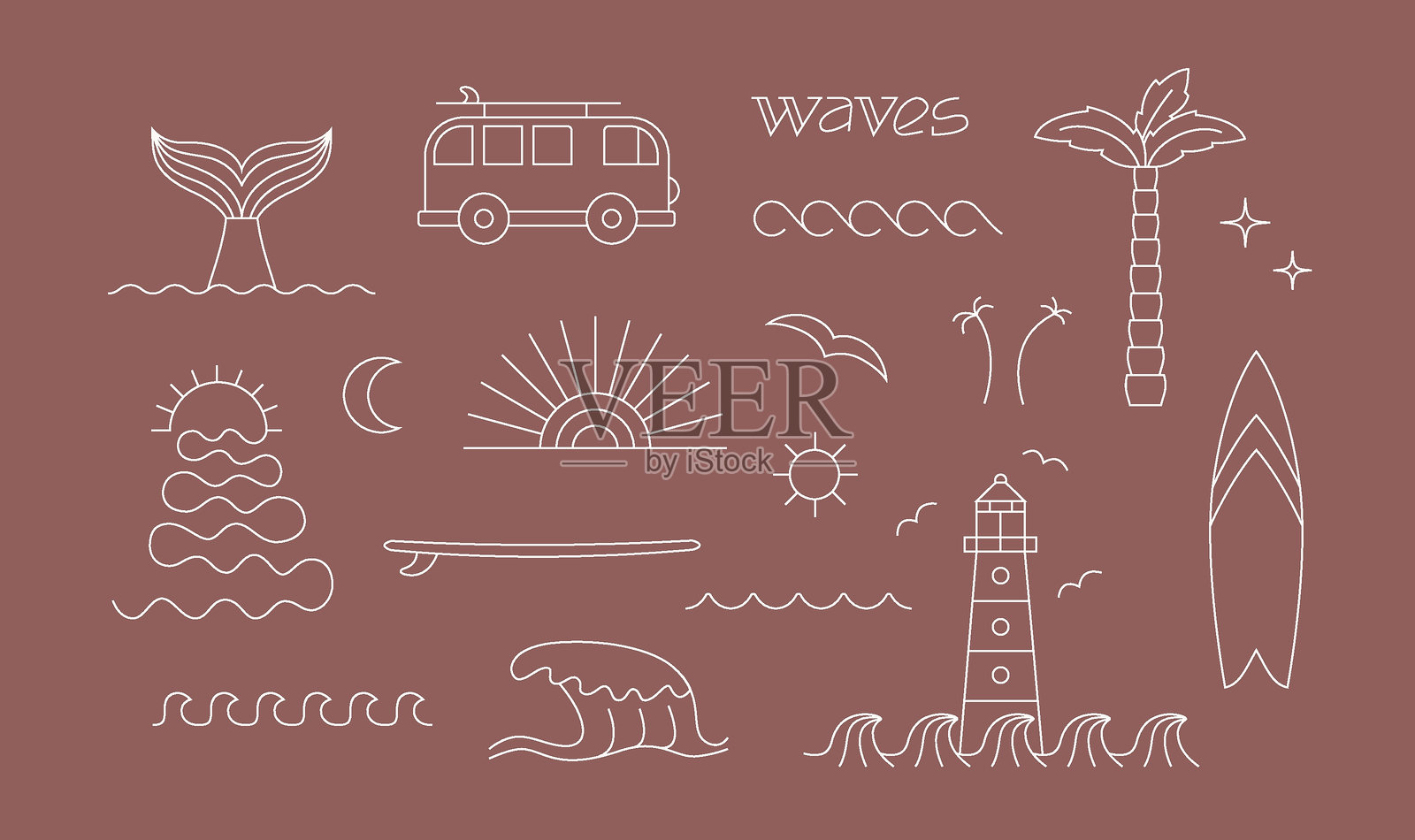 复古风格，波希米亚，嬉皮士线条冲浪，海洋，自由徽章，图标，设计。简单几何冲浪营，T恤，贴纸矢量插图。插画图片素材