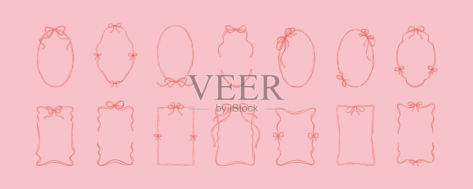 手绘可爱的线条涂鸦椭圆形和矩形丝带框架，带有蝴蝶结。波浪形的奇幻边框素描。贺卡、婚礼邀请、生日派对设计元素。插画图片素材