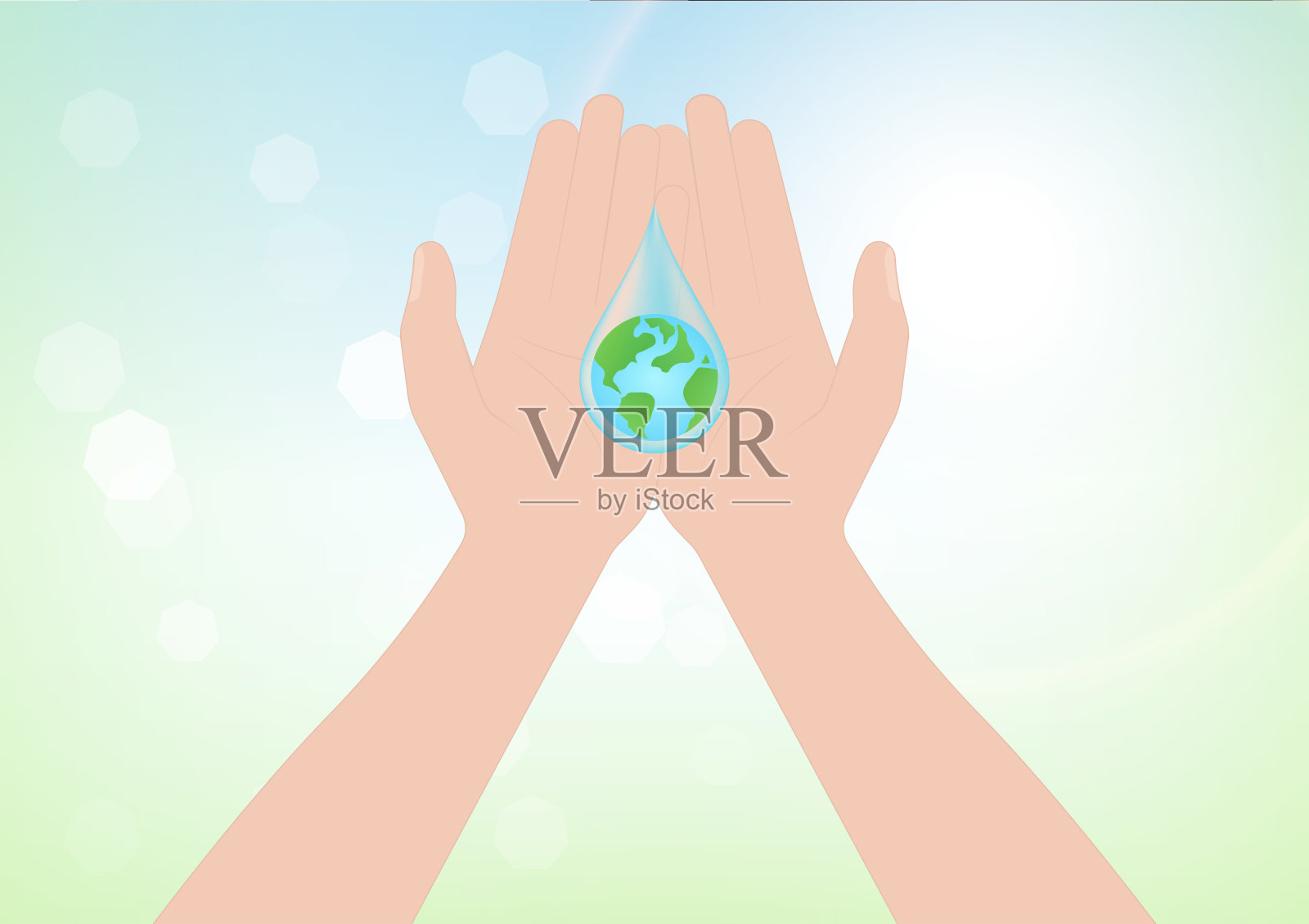 节水或拯救世界的概念。手握水滴与地球。世界水日和环境日。插画图片素材