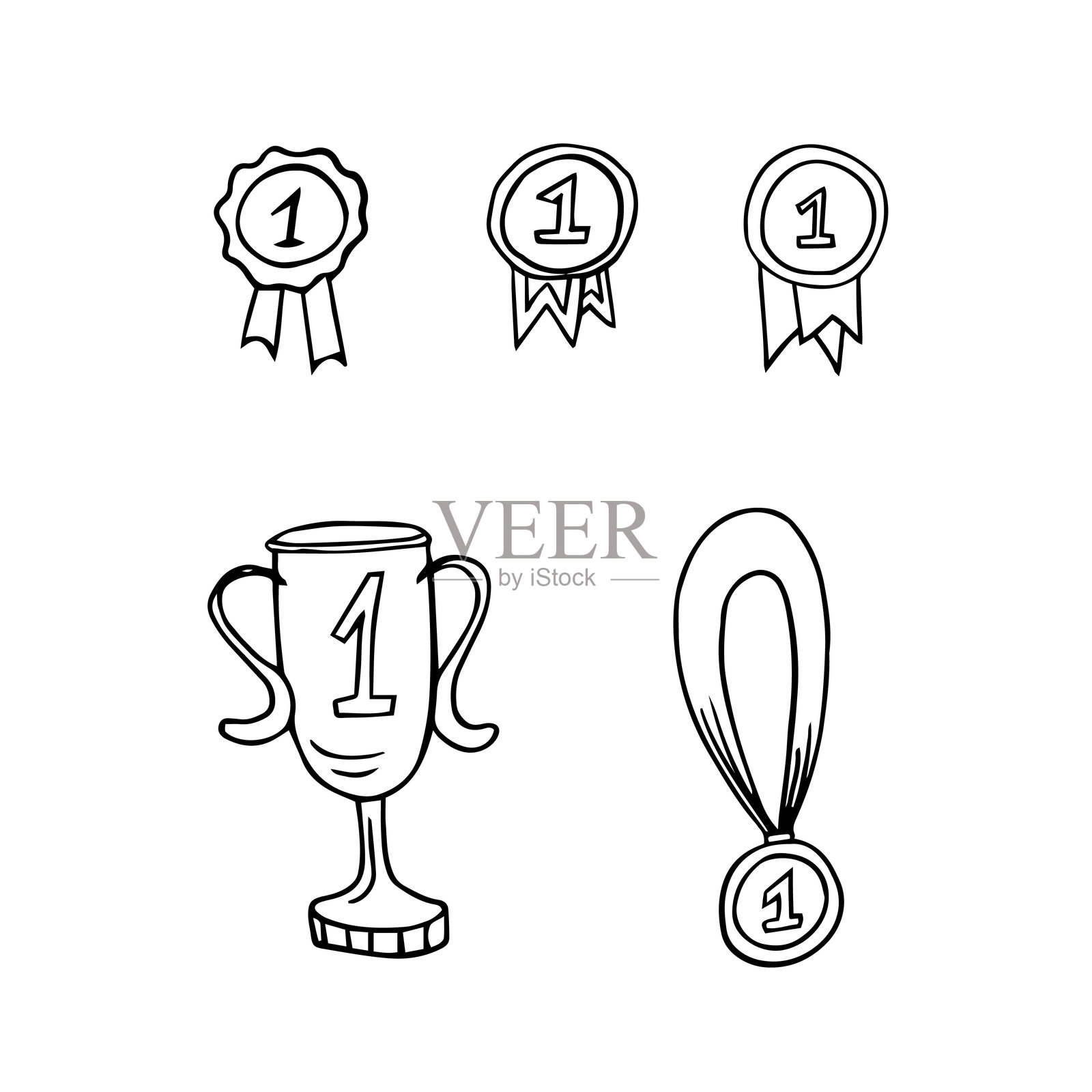 手绘风格的奖牌和奖杯组合。第一名、奖杯、胜利、成就、奖励、获胜者。插画图片素材