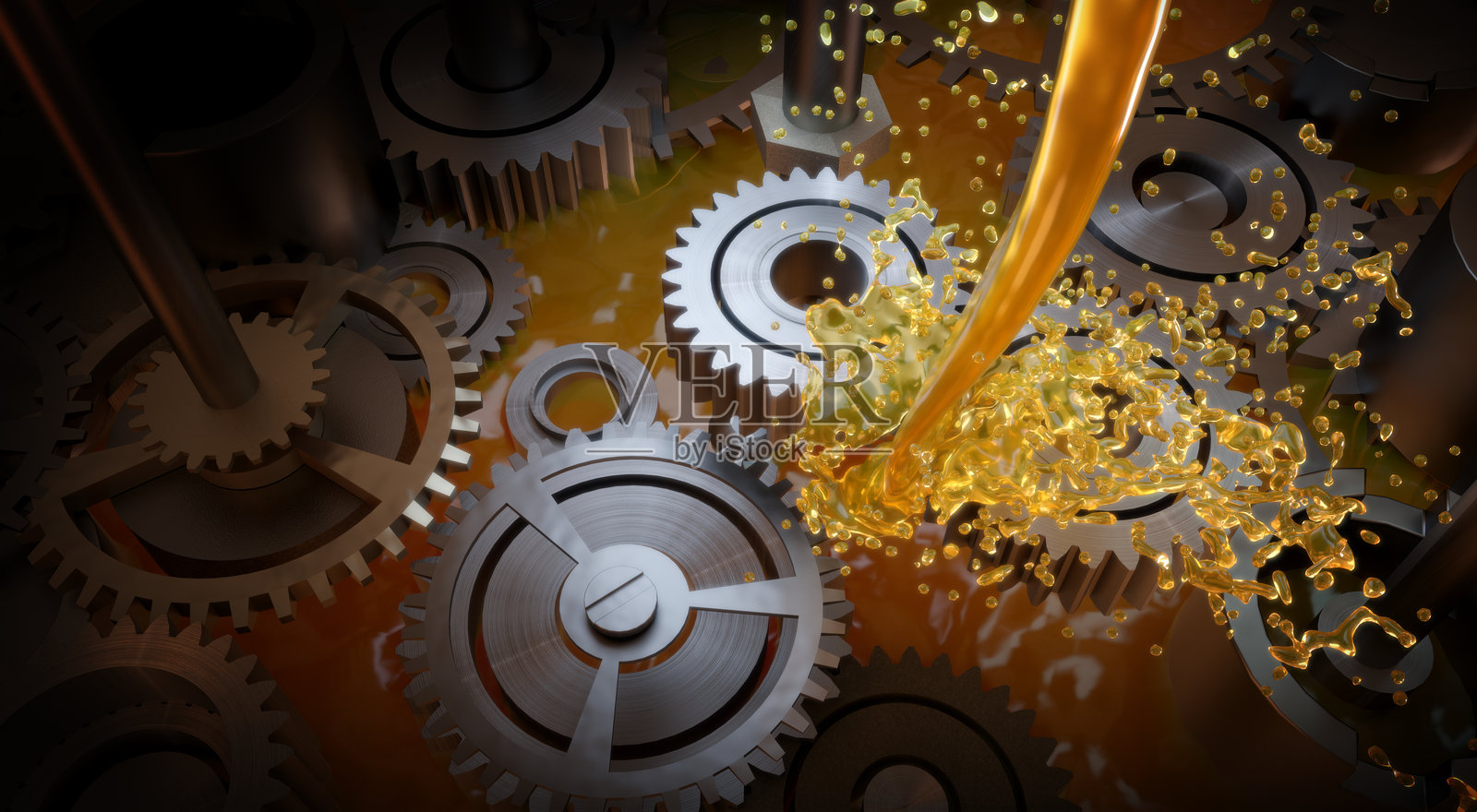 汽车，油波溅在齿轮上，润滑机油和发动机齿轮的概念，3D渲染照片摄影图片