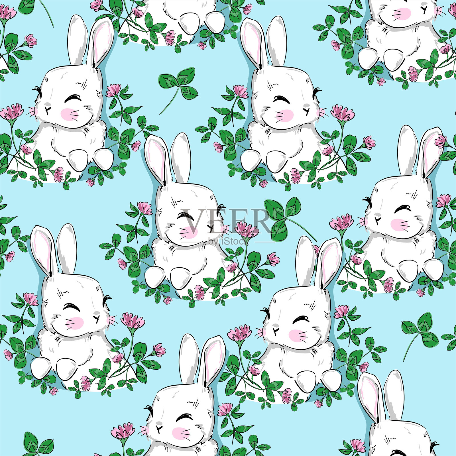 无缝图案手绘兔子与三叶草印花设计，兔子背景，无缝印刷设计，儿童时尚纺织品矢量图插画图片素材