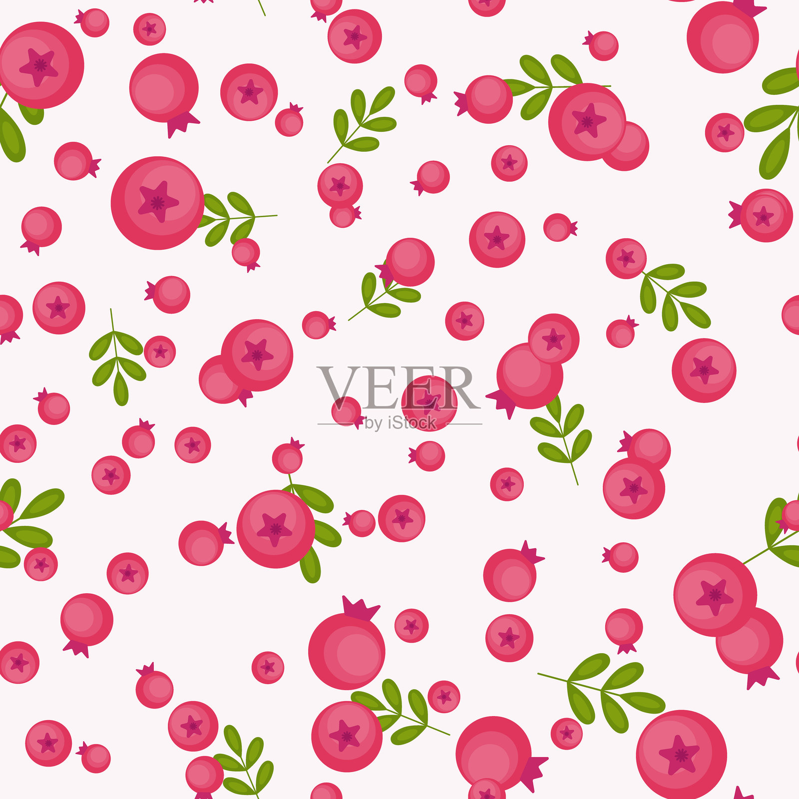 白粉色背景上的蔓越莓。无缝图案。平面风格的蔓越莓、越橘和叶子。适用于纸张、礼品包装、纺织品和壁纸的浆果背景。插画图片素材