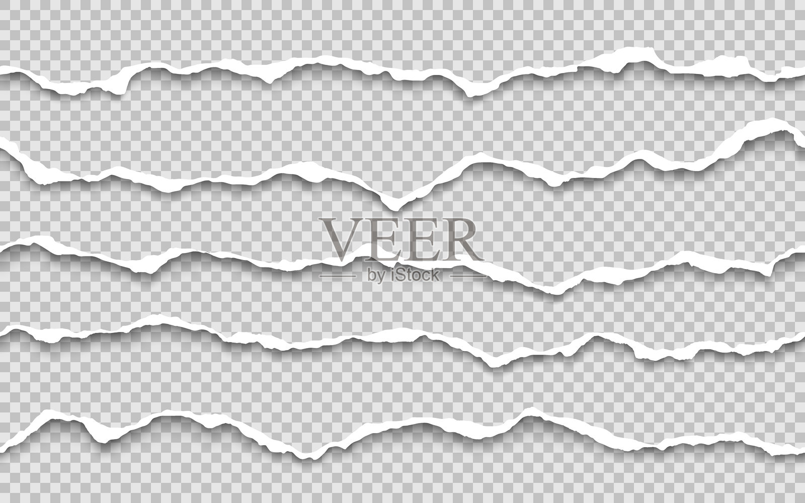 水平无缝撕裂纸边缘的矢量集合。撕裂的白色纸条和阴影。插画图片素材