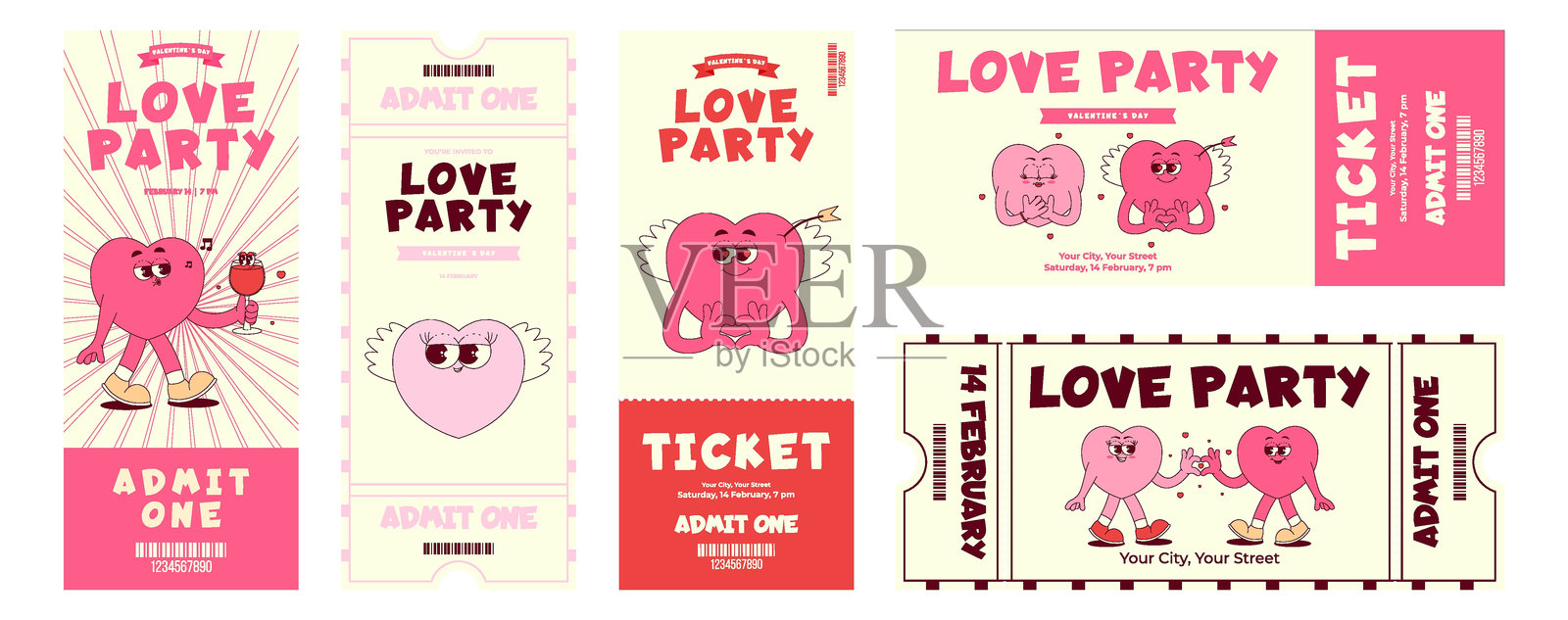 多彩的爱情派对票券套装。可爱的心形角色，复古迷幻风格。包含活动详情、条形码、日期和时间。情人节，2月14日。横向和纵向的矢量插图。插画图片素材