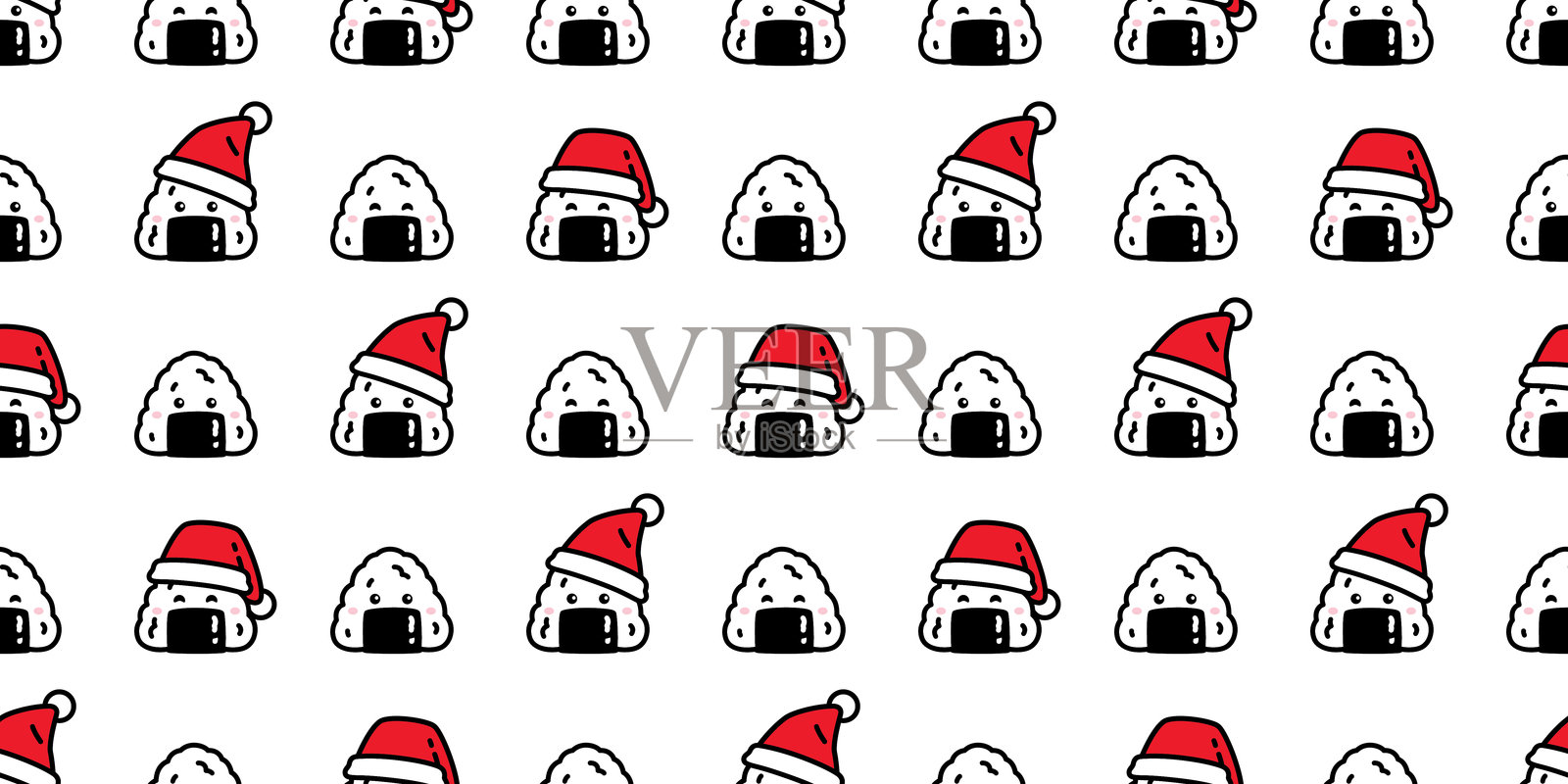饭团无缝图案 圣诞老人帽 日本食品 矢量卡通 礼品包装纸 瓷砖背景 重复壁纸 涂鸦插图设计插画图片素材