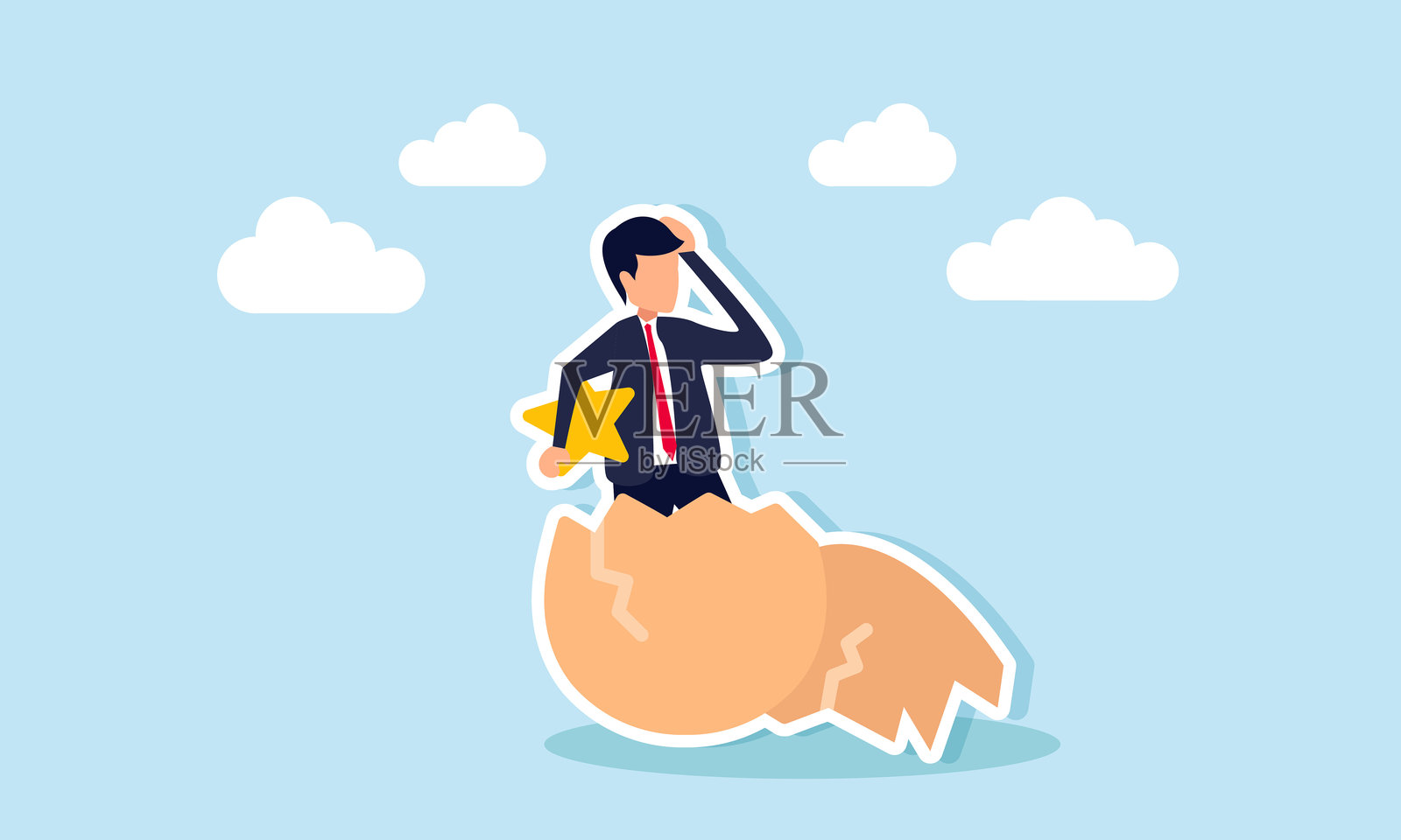 一位商人从蛋壳中走出，手握一颗星星，插图展示了招聘能够提升业务质量的员工。插画图片素材