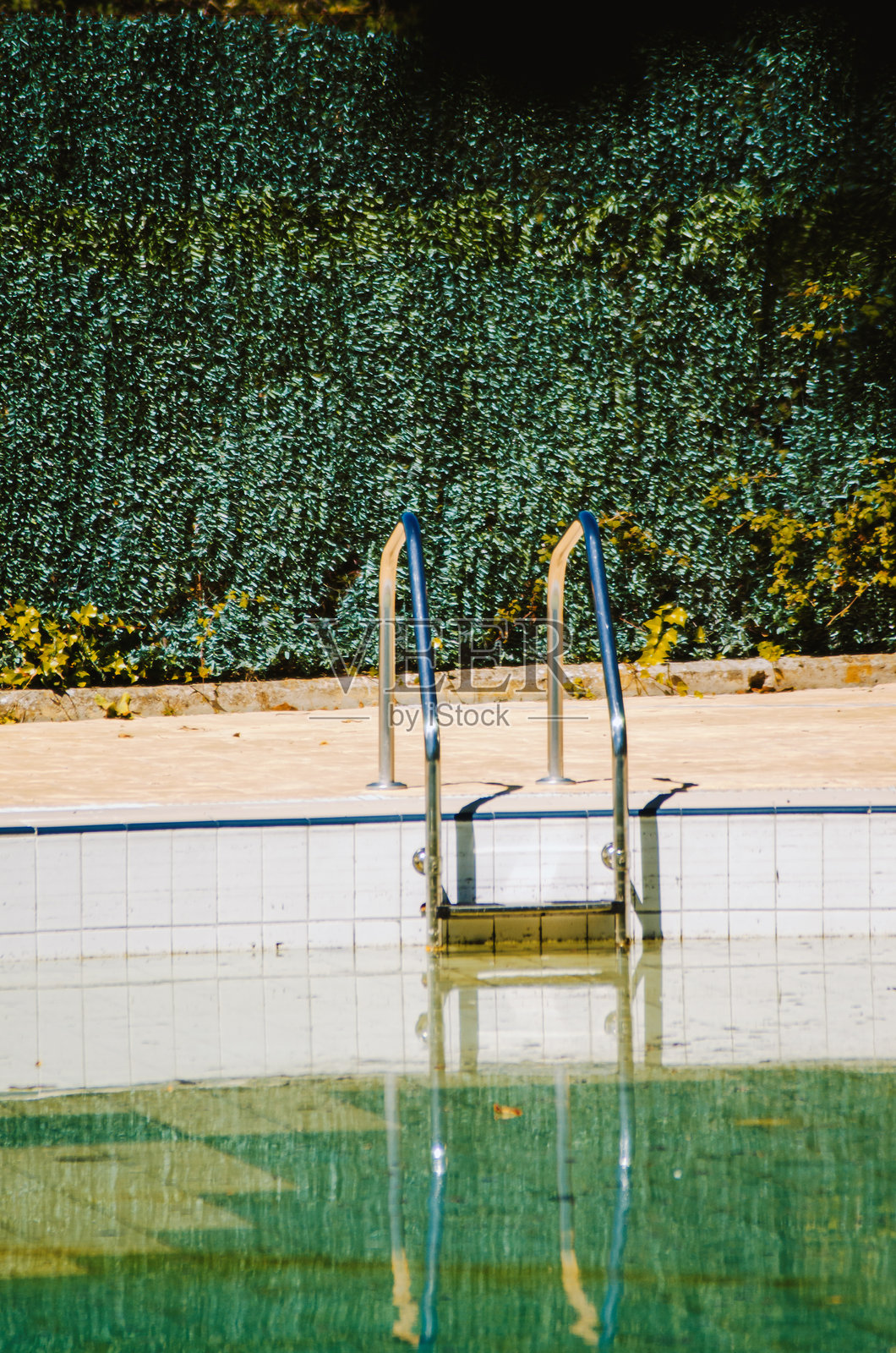 夏季清洁前，排水中的脏游泳池梯子，维护概念背景照片摄影图片