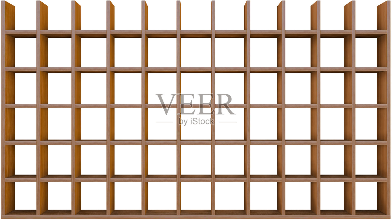 时尚的木质展示架正面视图。展示收藏品，展示，产品摆放概念。白色背景，带有抠图路径。照片摄影图片