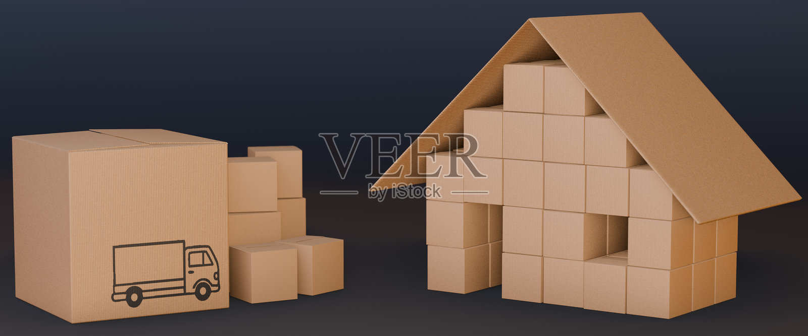 带有卡车图标的纸箱和纸板房屋模型 - 搬家、运输和发货主题。3D插图照片摄影图片
