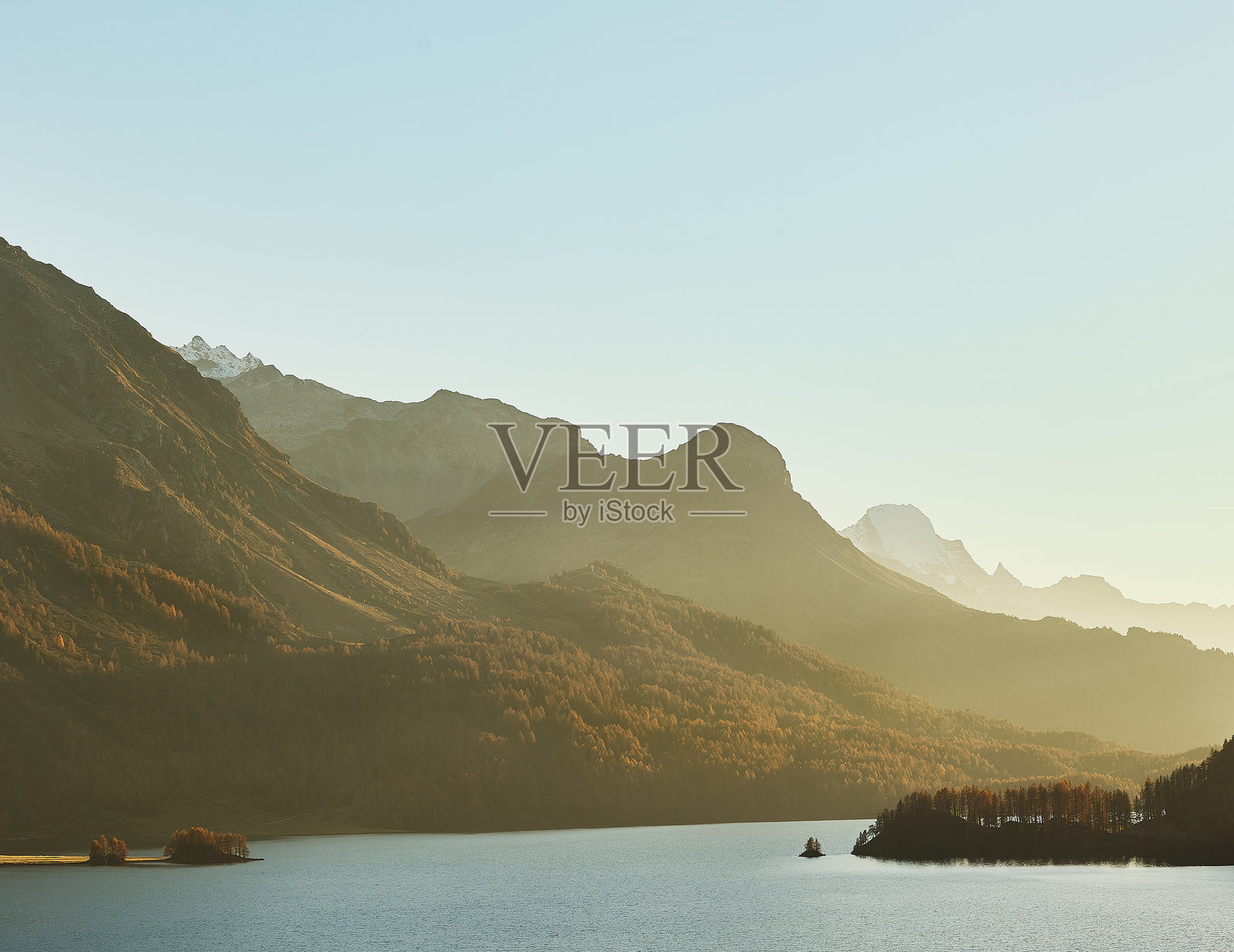 大山湖的风景，湖水呈现出碧绿色。夕阳下金色的秋树。照片摄影图片