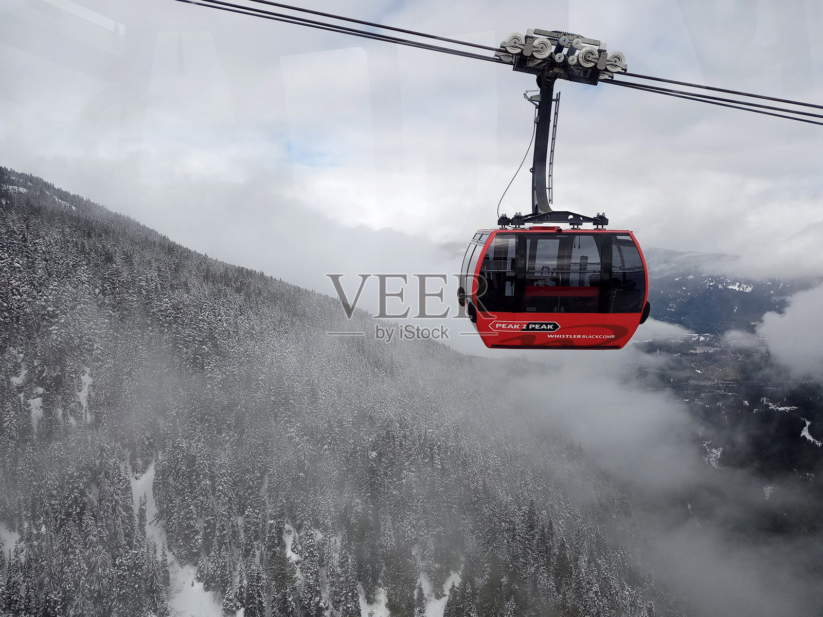 峰顶至峰顶缆车是位于不列颠哥伦比亚省惠斯勒的惠斯勒黑梳山度假村的一条三缆索道，连接惠斯勒山的圆屋。照片摄影图片