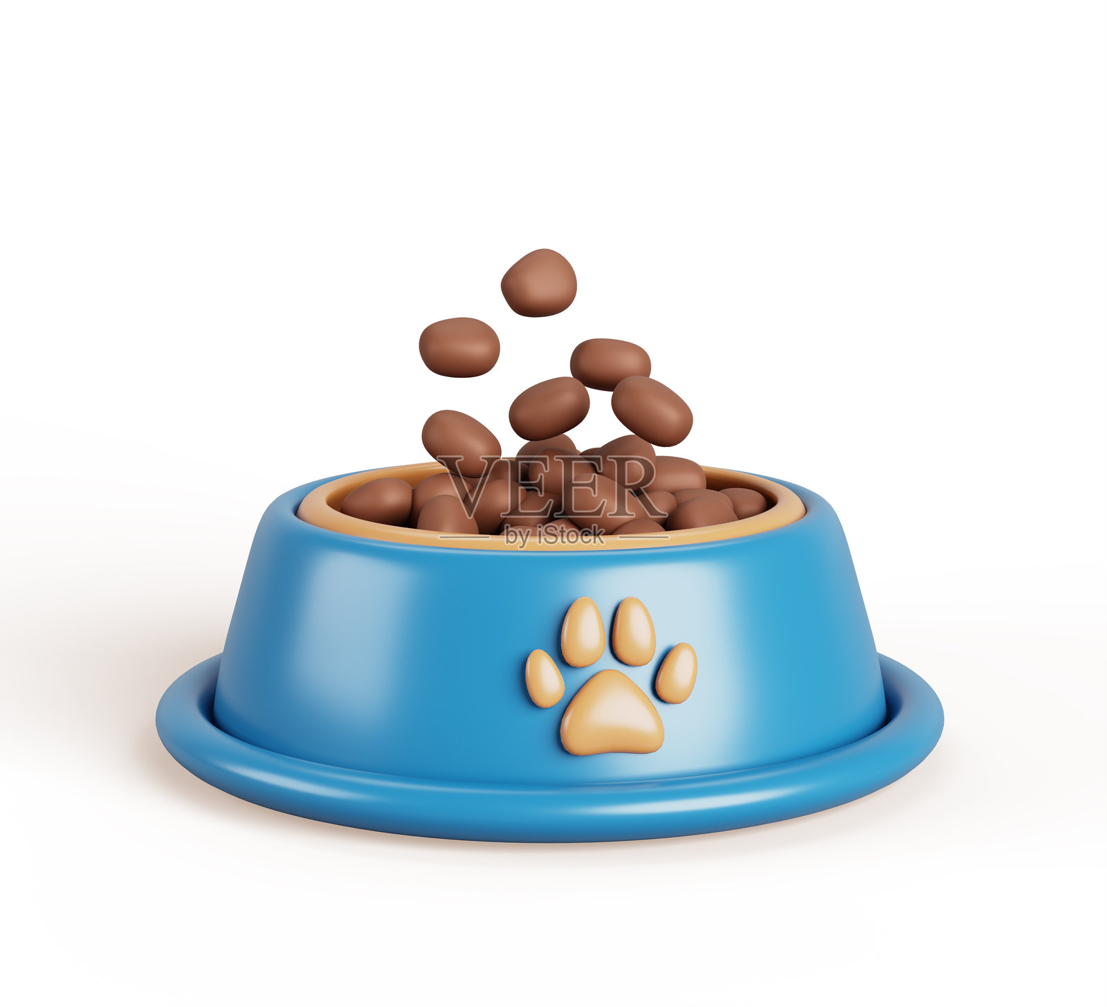 3D蓝色宠物碗，里面放着一堆干粮和爪印渲染图标。卡通风格的狗或猫全食盘，塑料碗里装着家养动物的零食，背景为白色。照片摄影图片