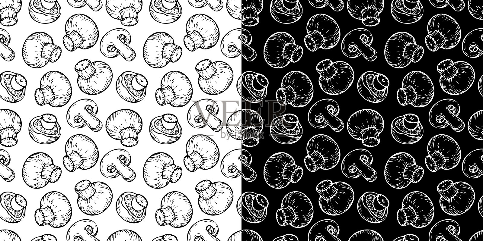 无缝轮廓向量印刷的蘑菇图案，适用于纺织品、布料、纸张和枕头。插画图片素材