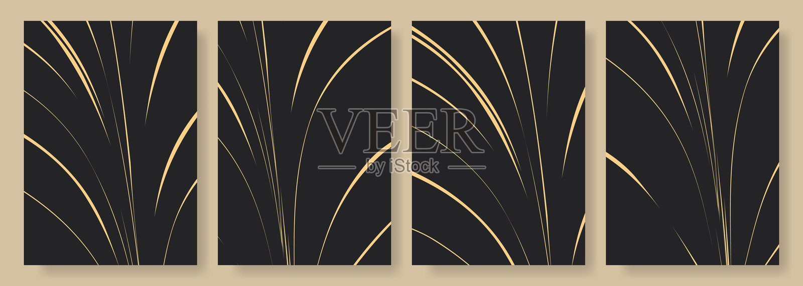 黑色和米色的抽象现代海报或垂直背景矢量集。A4分辨率的复古优雅封面设计，带有芦苇或竹子的轮廓，适用于宣传册、书籍、传单、海报或演示文稿。插画图片素材