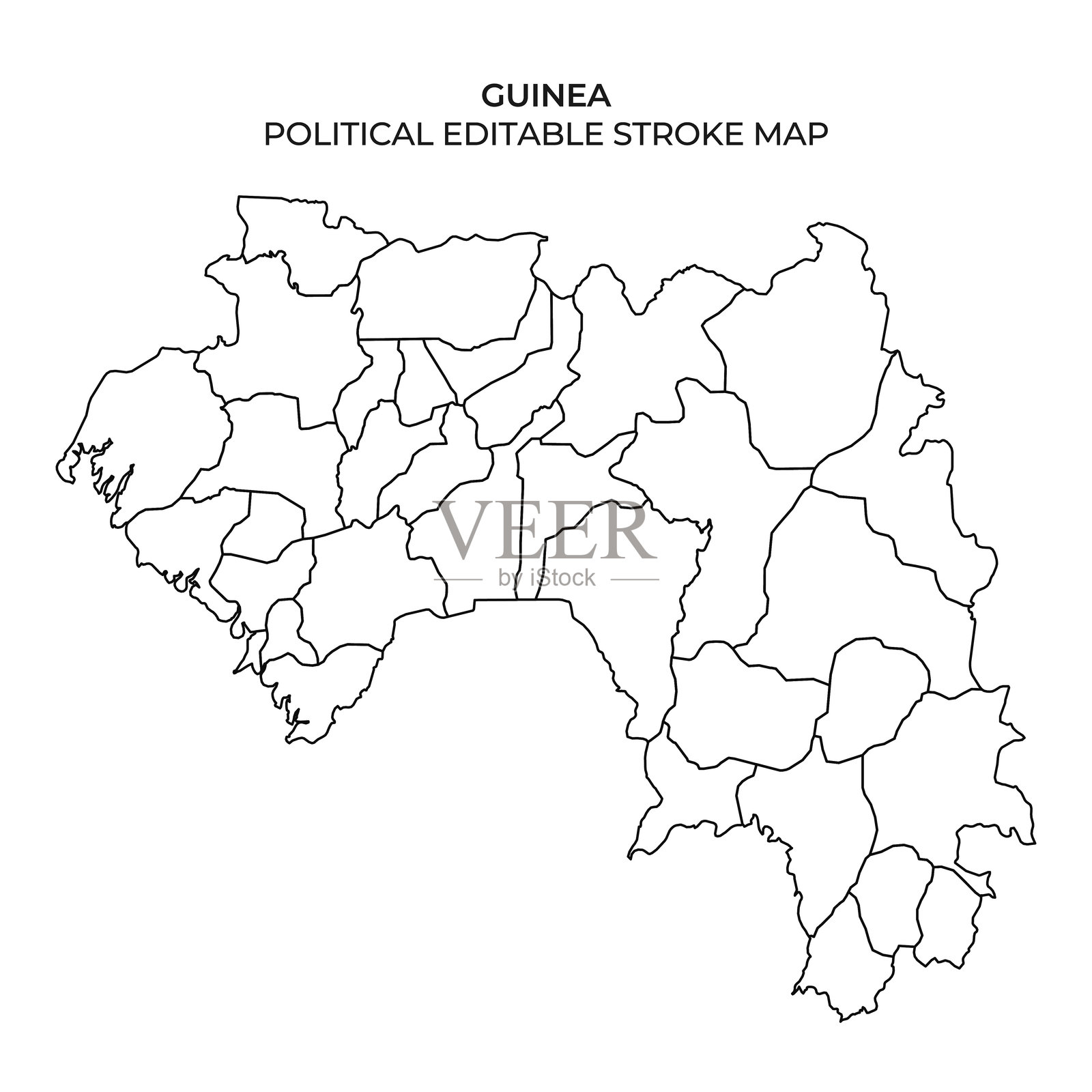 可编辑的几内亚政治地图，清晰显示区域划分插画图片素材