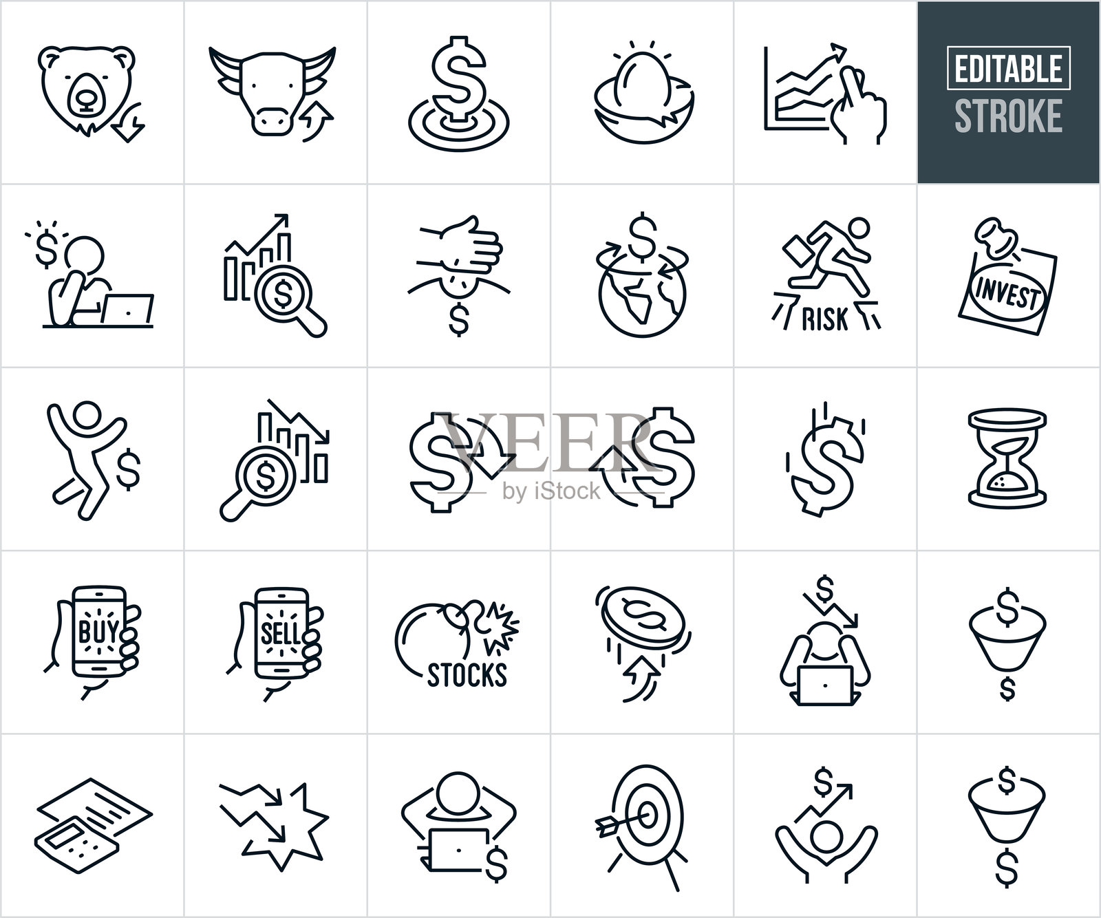 股票市场投资线条图标 - 可编辑线条插画图片素材