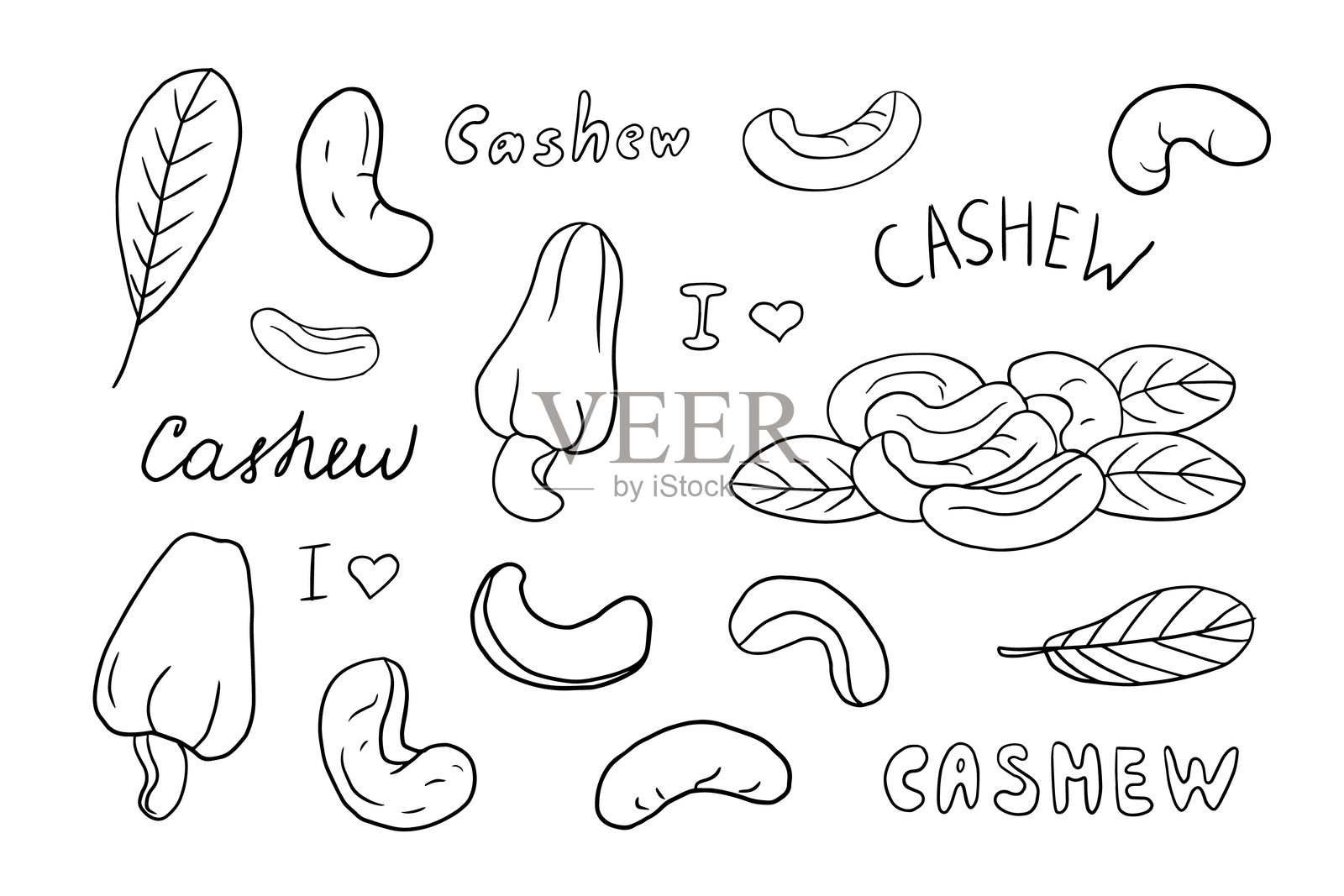 卡通风格的腰果坚果集合。坚果。健康食品。矢量插图。插画图片素材