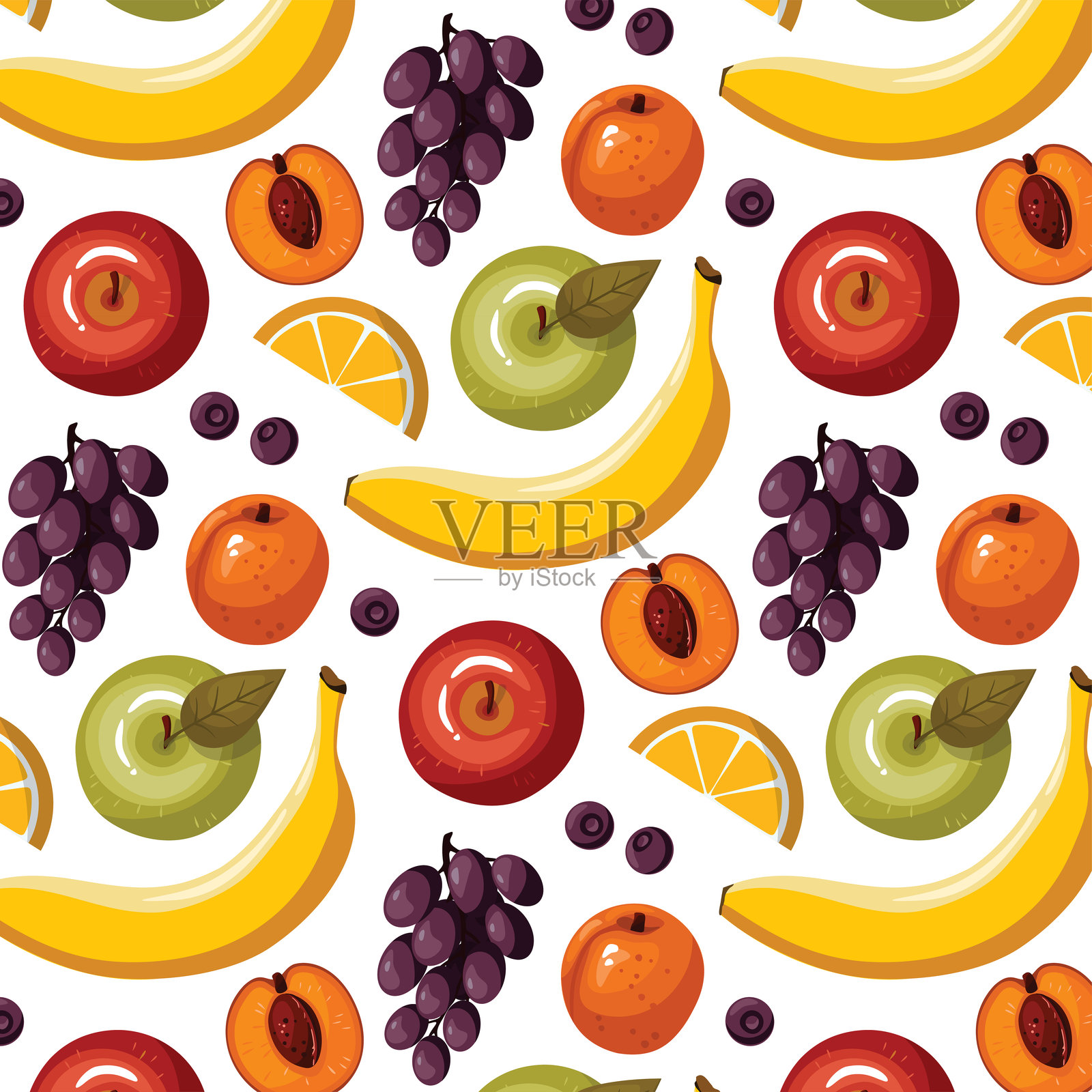 色彩缤纷的夏季无缝水果图案。香蕉、苹果、葡萄和杏子在白色背景上独立展示。插画图片素材