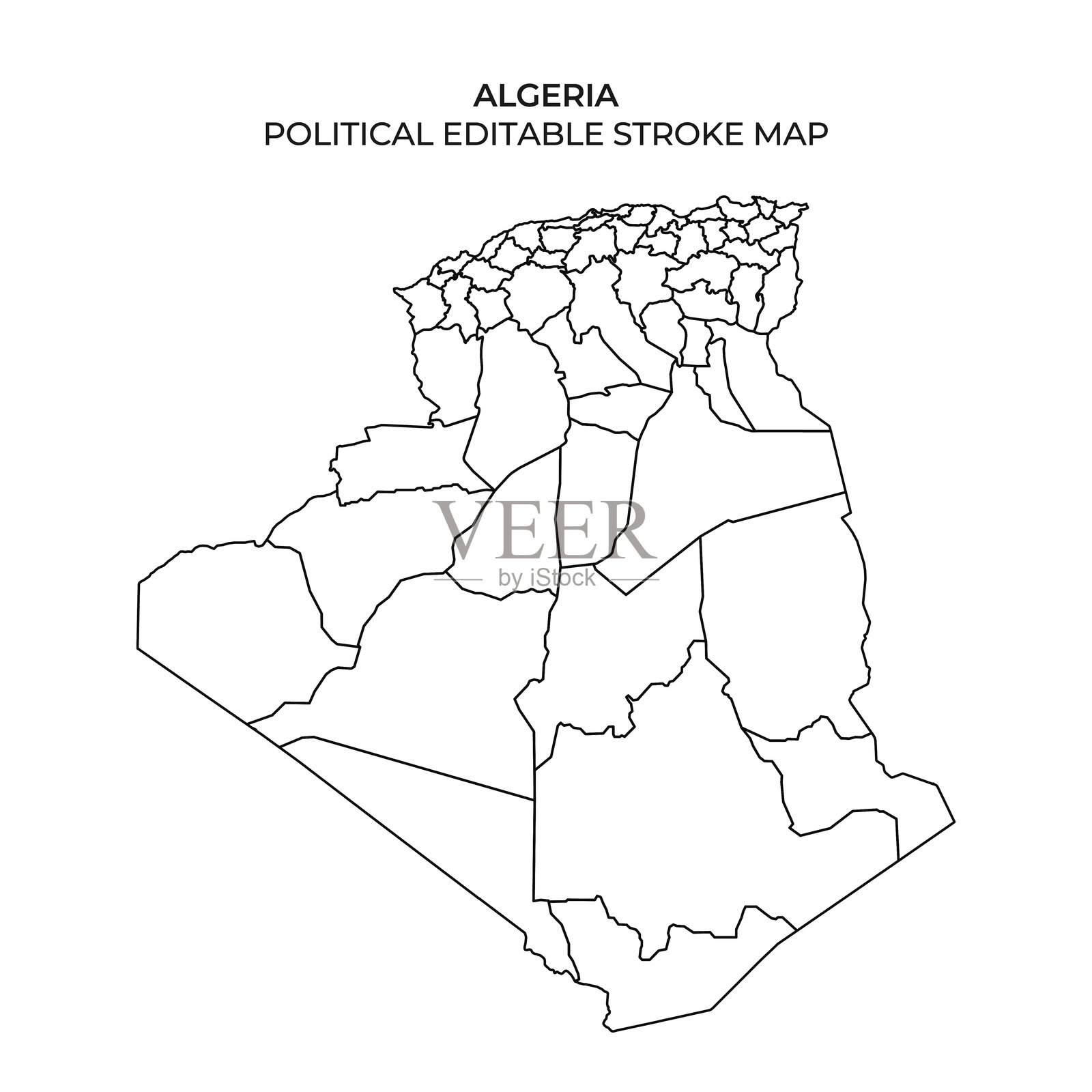可编辑的阿尔及利亚政治地图，显示地区和边界插画图片素材