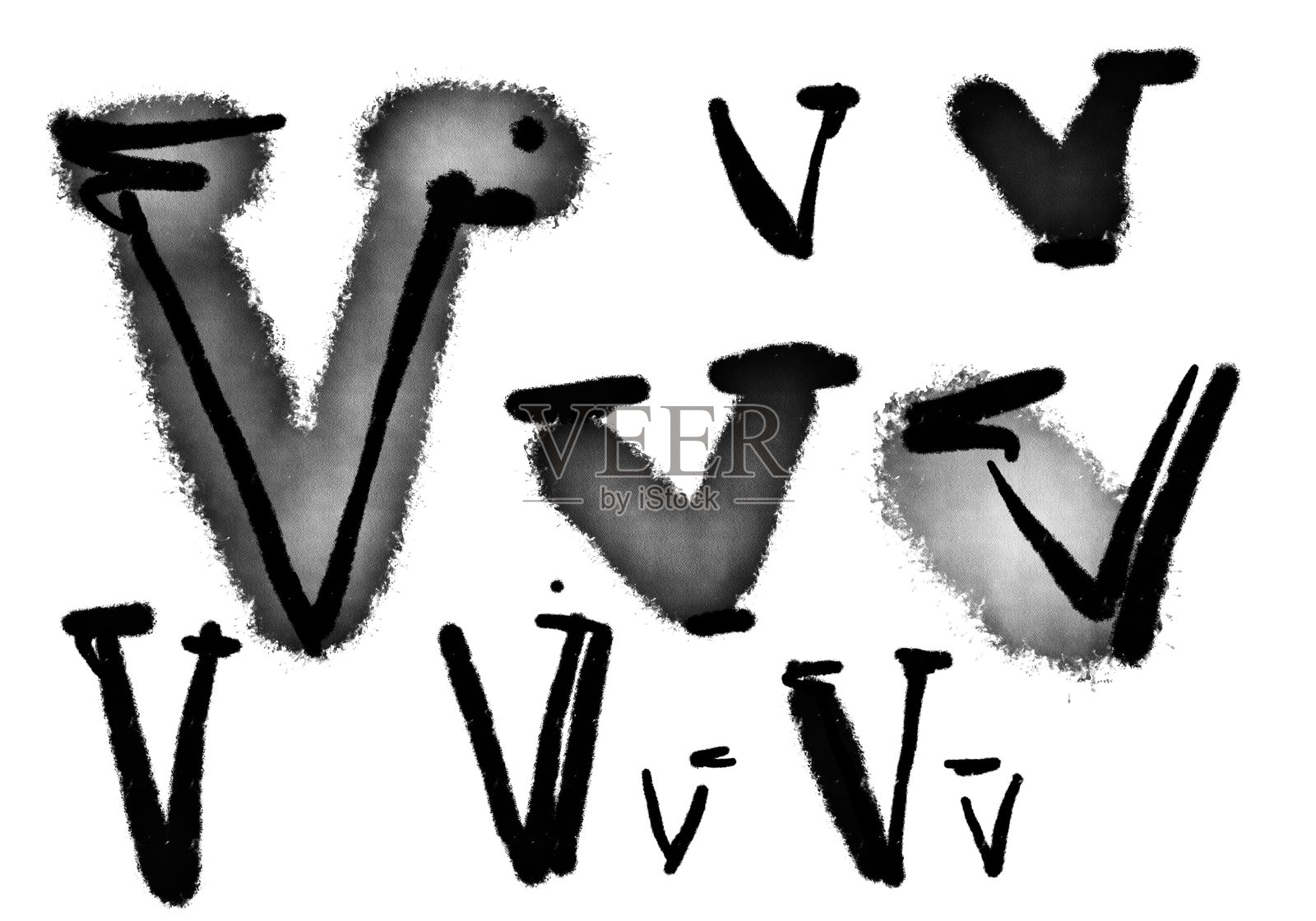 字母V字母自定义logo品牌装饰概念书法字体手写粗体墨水丙烯水彩黑色形状类型插图字母设计插画图片素材