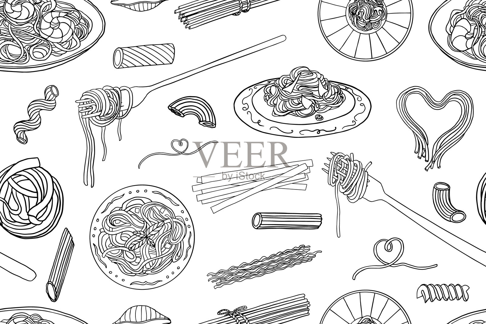 意大利美食的无缝意面图案，意大利面和叉子与意大利面。意大利文化。涂鸦风格。插画图片素材