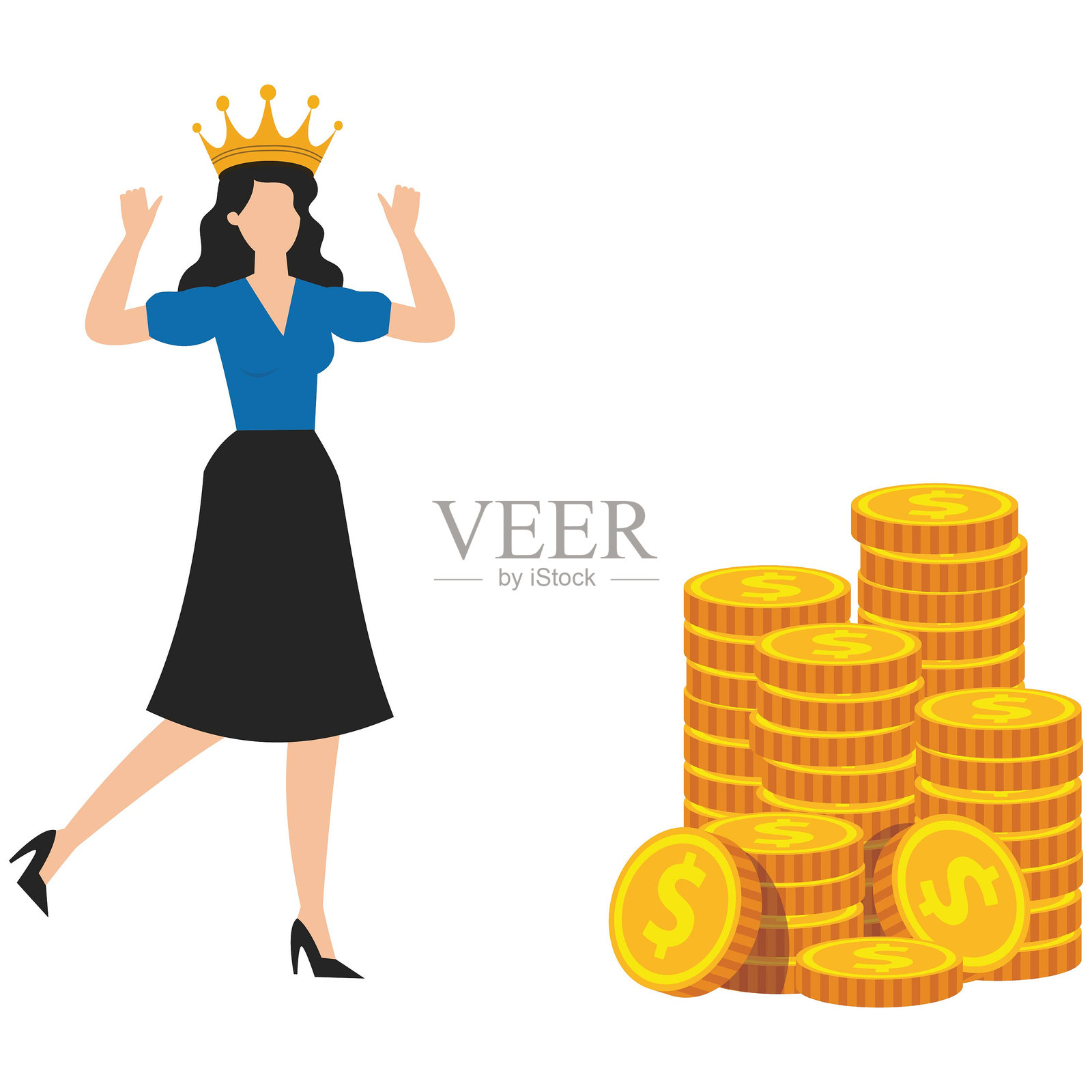 最佳员工，冠军奖励，成功或商业胜利，优质投资或金融产品，冠军产品质量，拥有金堆和皇冠的商家插画图片素材