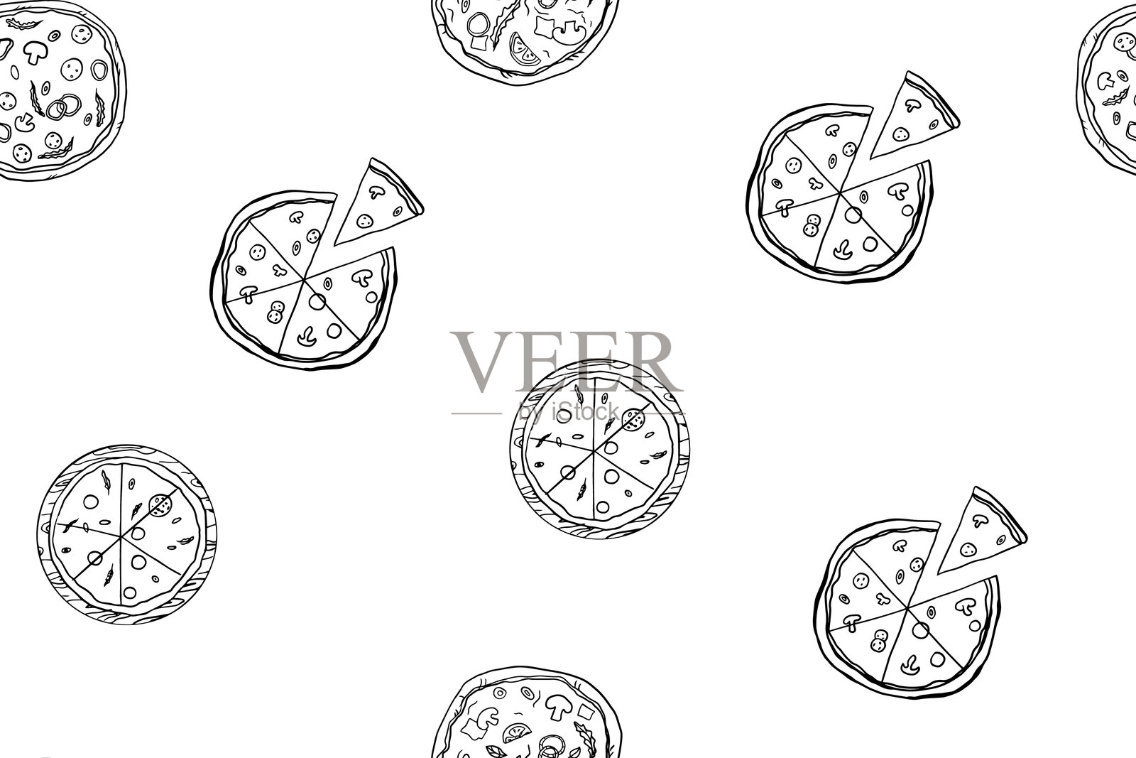 无缝的比萨饼图案，披萨切片。比萨时间。意大利文化。涂鸦风格插画图片素材