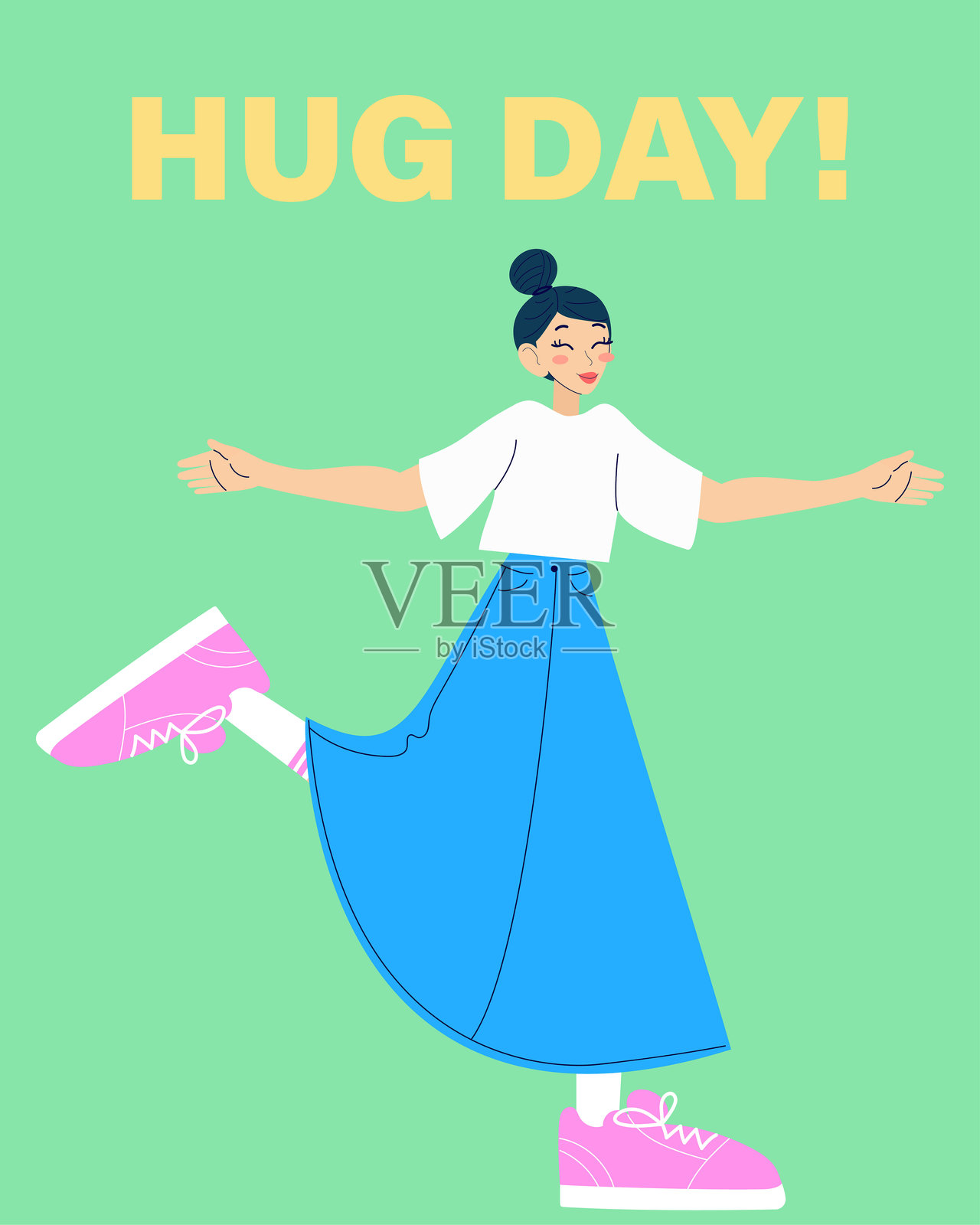 快乐的女孩。拥抱日贺卡与女孩。全国拥抱日插画图片素材