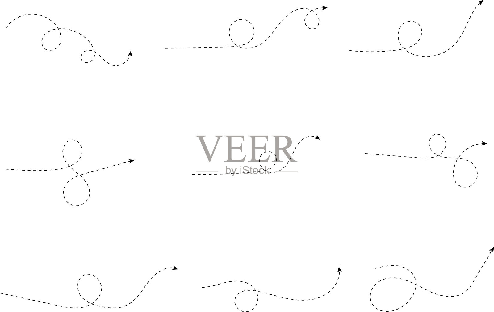 手绘点状箭头集矢量插图，独立于白色背景。手绘自由风格的不同曲线、涡旋箭头。曲线箭头线。涂鸦，素描风格。插画图片素材