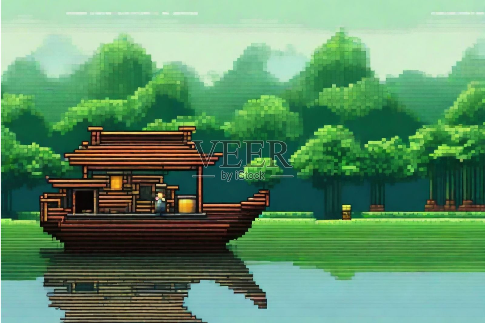 像素化的船在宁静的湖面上。插画图片素材