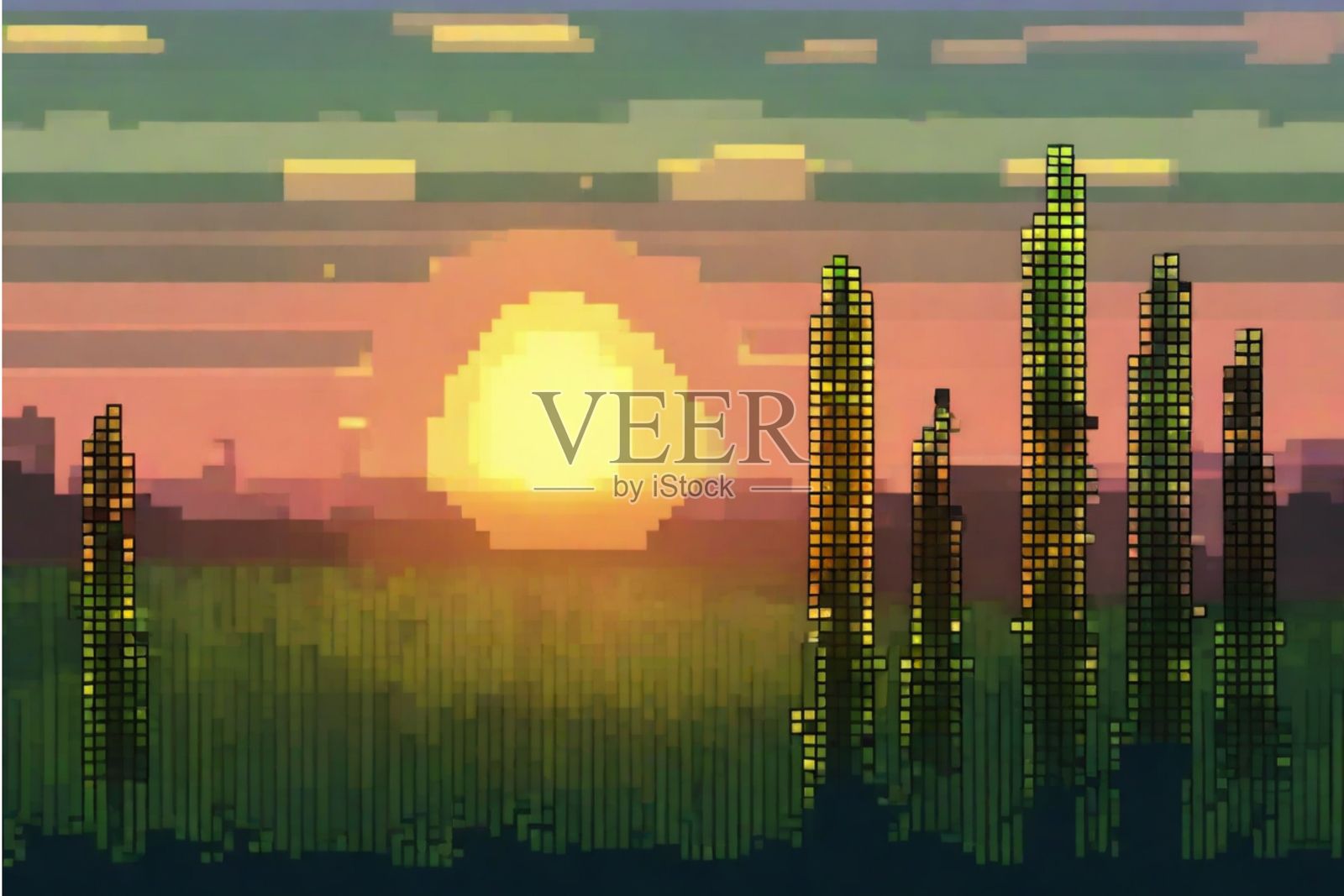 像素艺术日落插画图片素材