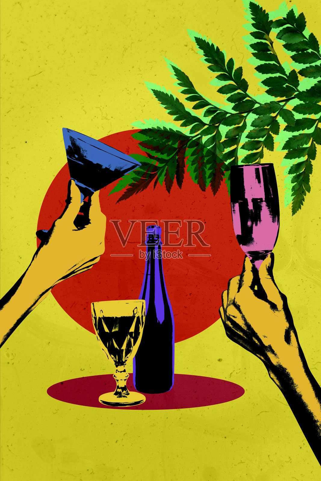 复合趋势艺术作品 3D 草图图像拼贴，展示流行艺术风格的手腕手势，手指握着酒杯，派对饮酒瓶，鸡尾酒。照片摄影图片