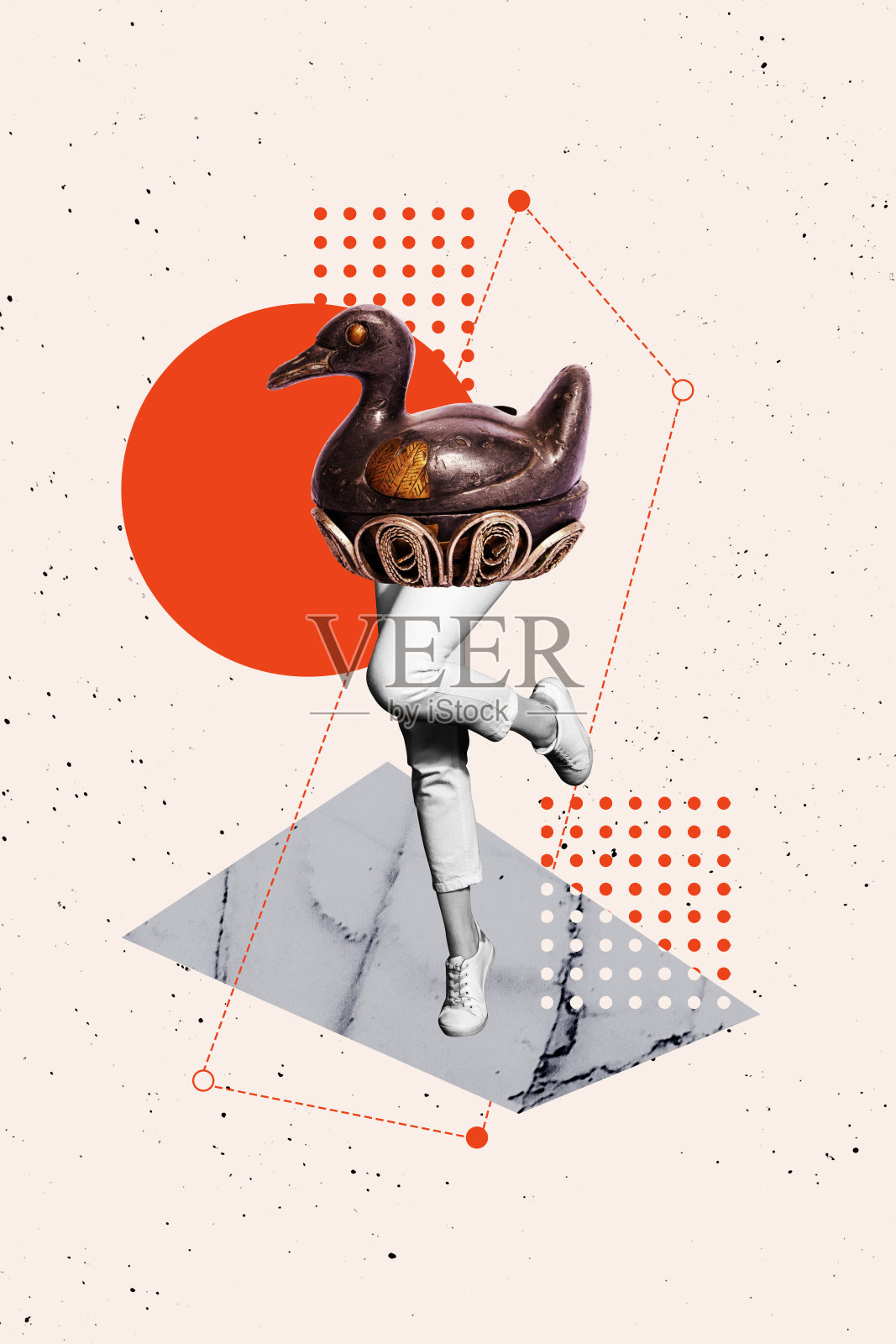 3D拼贴趋势艺术作品，女性腿部站立姿势的卡通身体，鸭子动物木制玩具概念抽象海报照片摄影图片