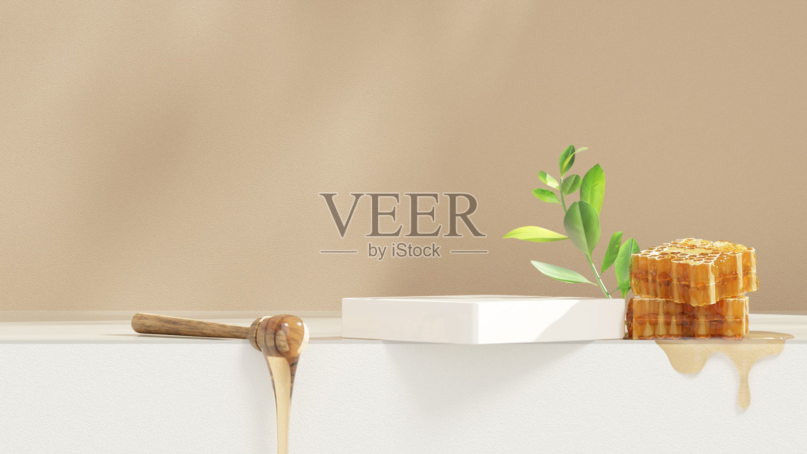 白色讲台上的3D背景展示架，摆放着蜂蜜，适合产品展示的横向布局照片摄影图片