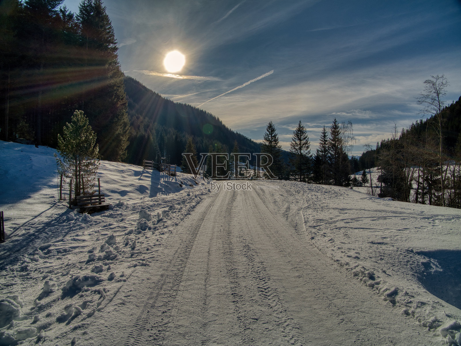 阳光照耀的阿尔卑斯山谷冬季小径照片摄影图片